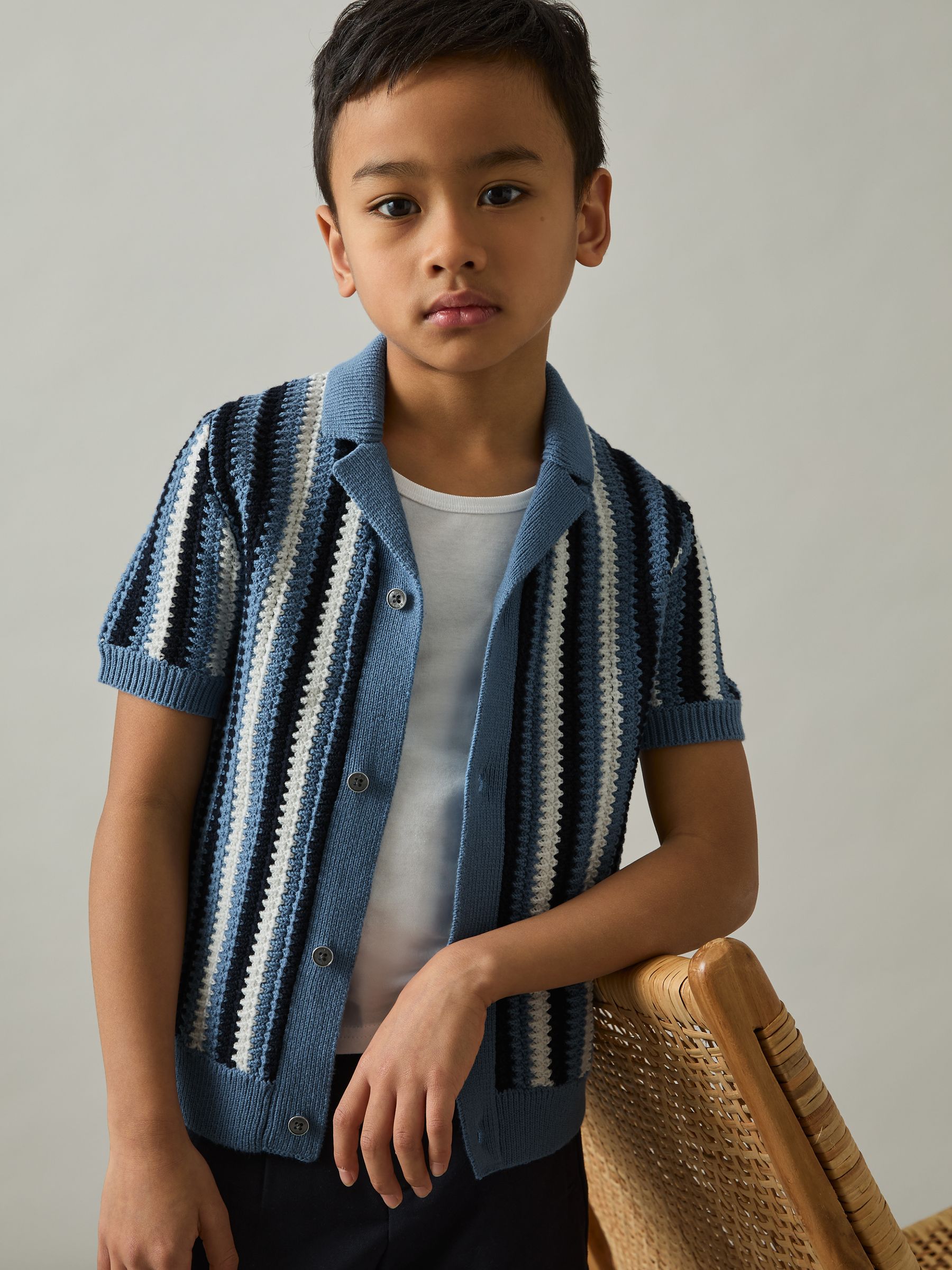 3-9 yrs Cotton Crochet Stripe Cuban Shirt in Airforce Blue