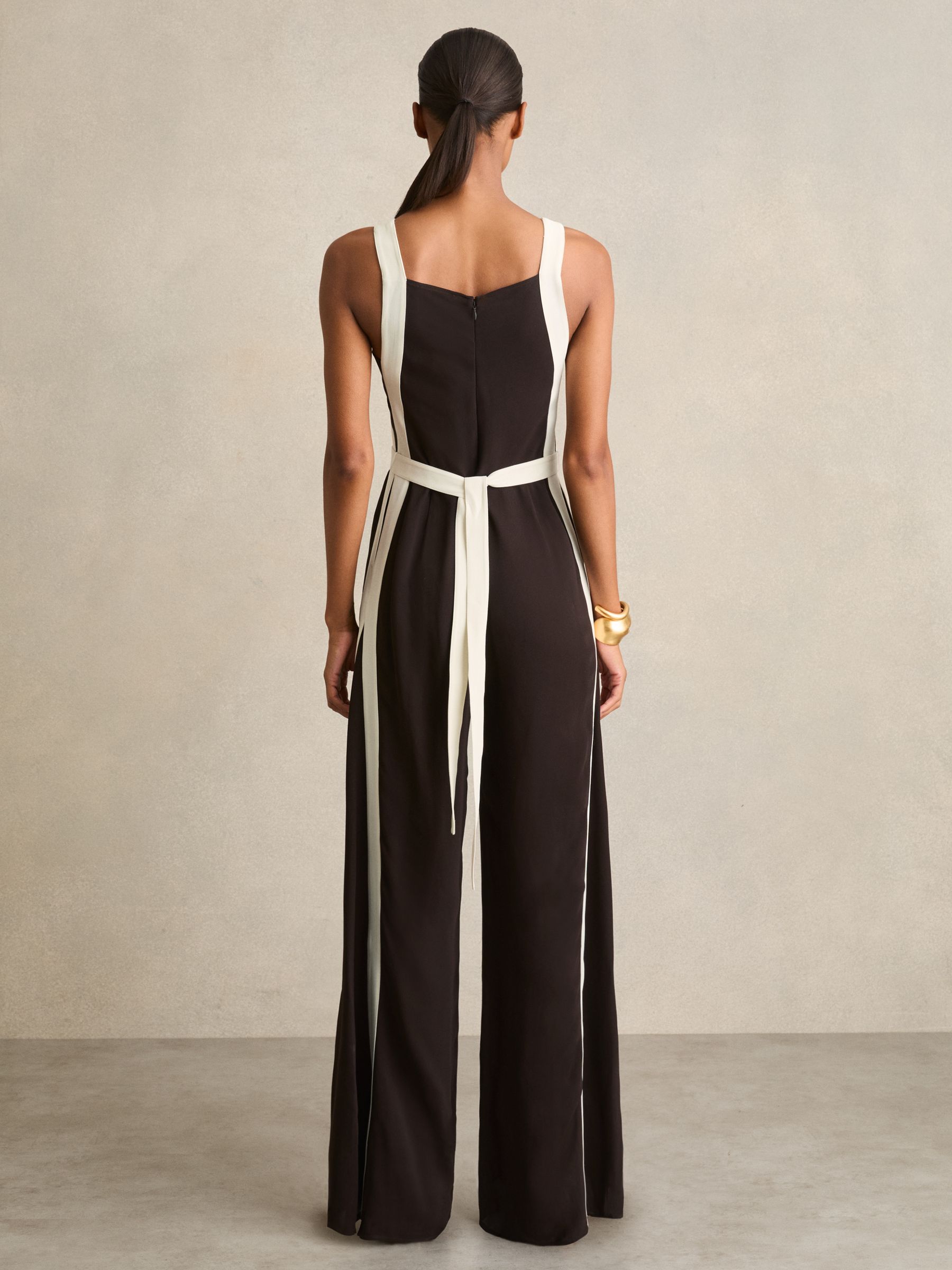 Colourblock Wide Leg Belted Jumpsuit in Chocolate/Cream