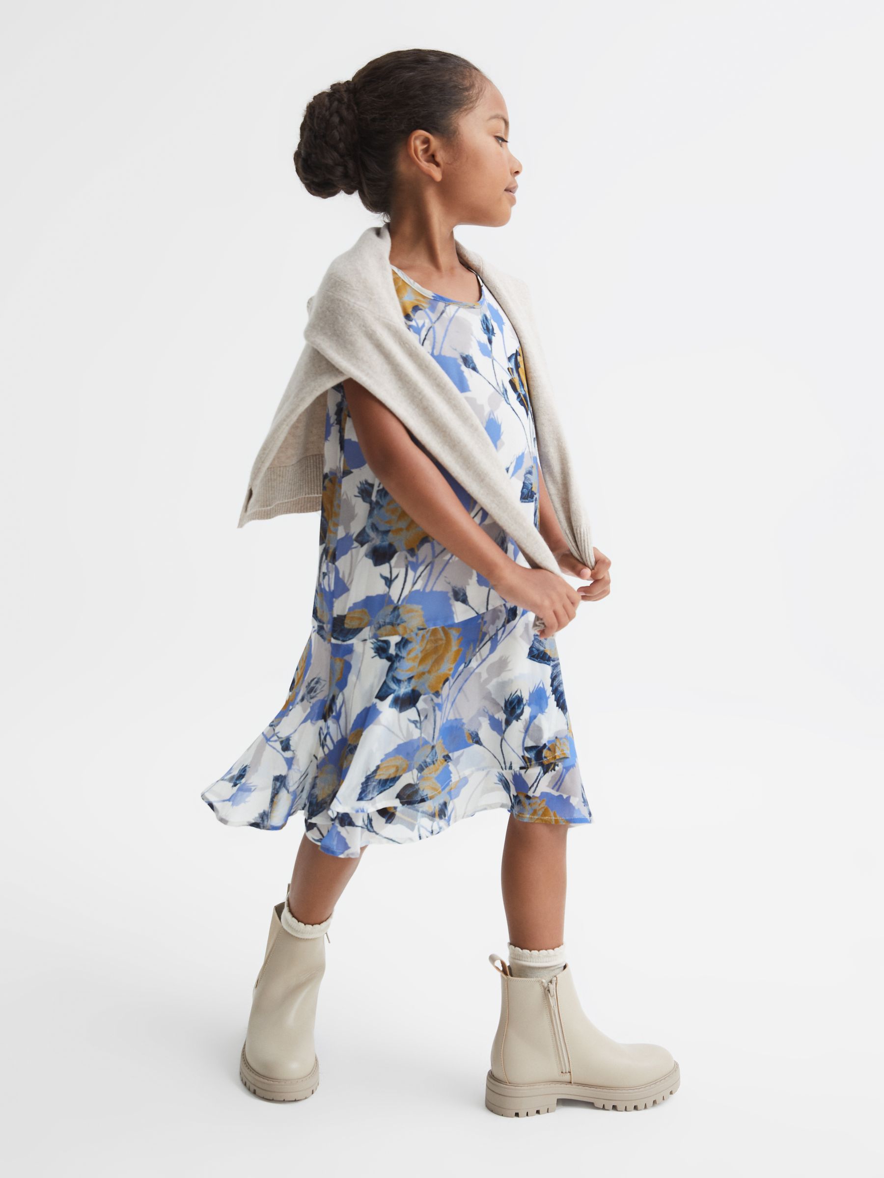 Senior Printed Dress With Crew Neck Jumper in Blue Print