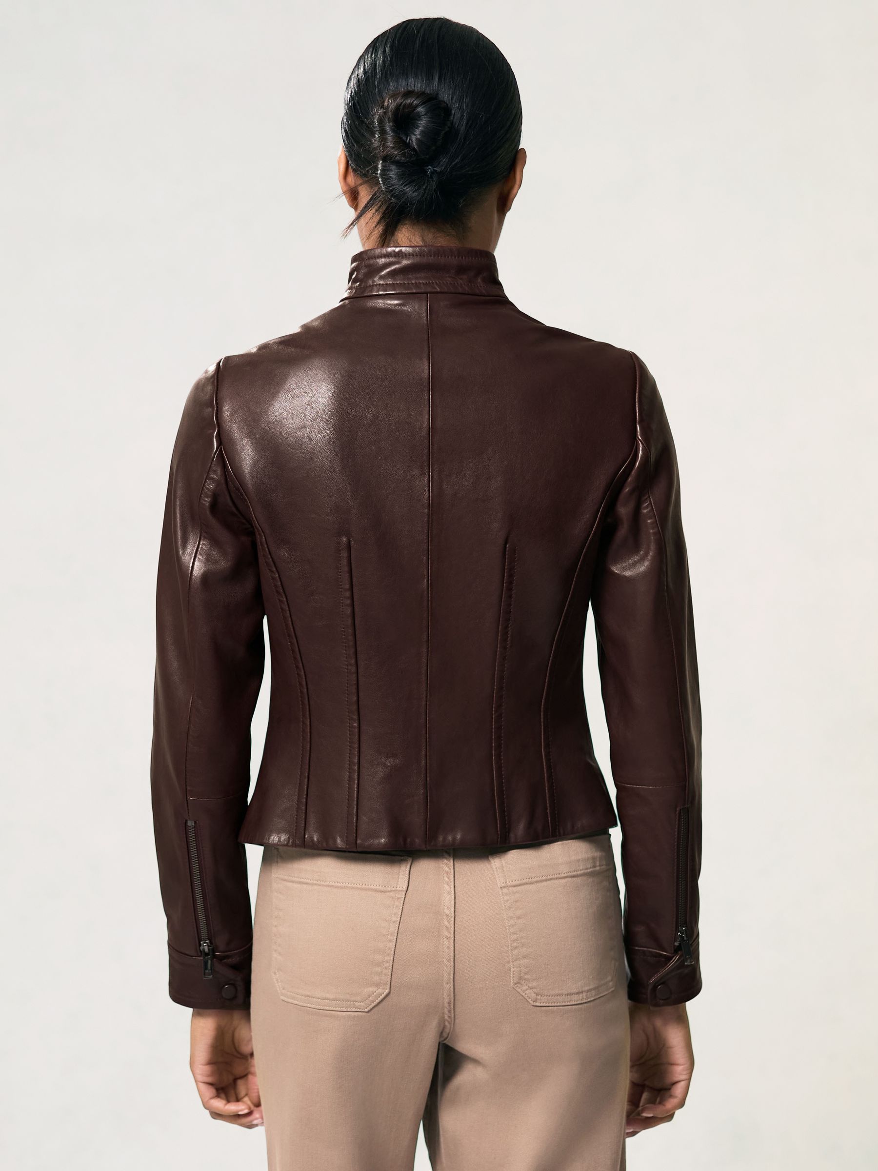 Fitted Leather Biker Jacket in Burgundy