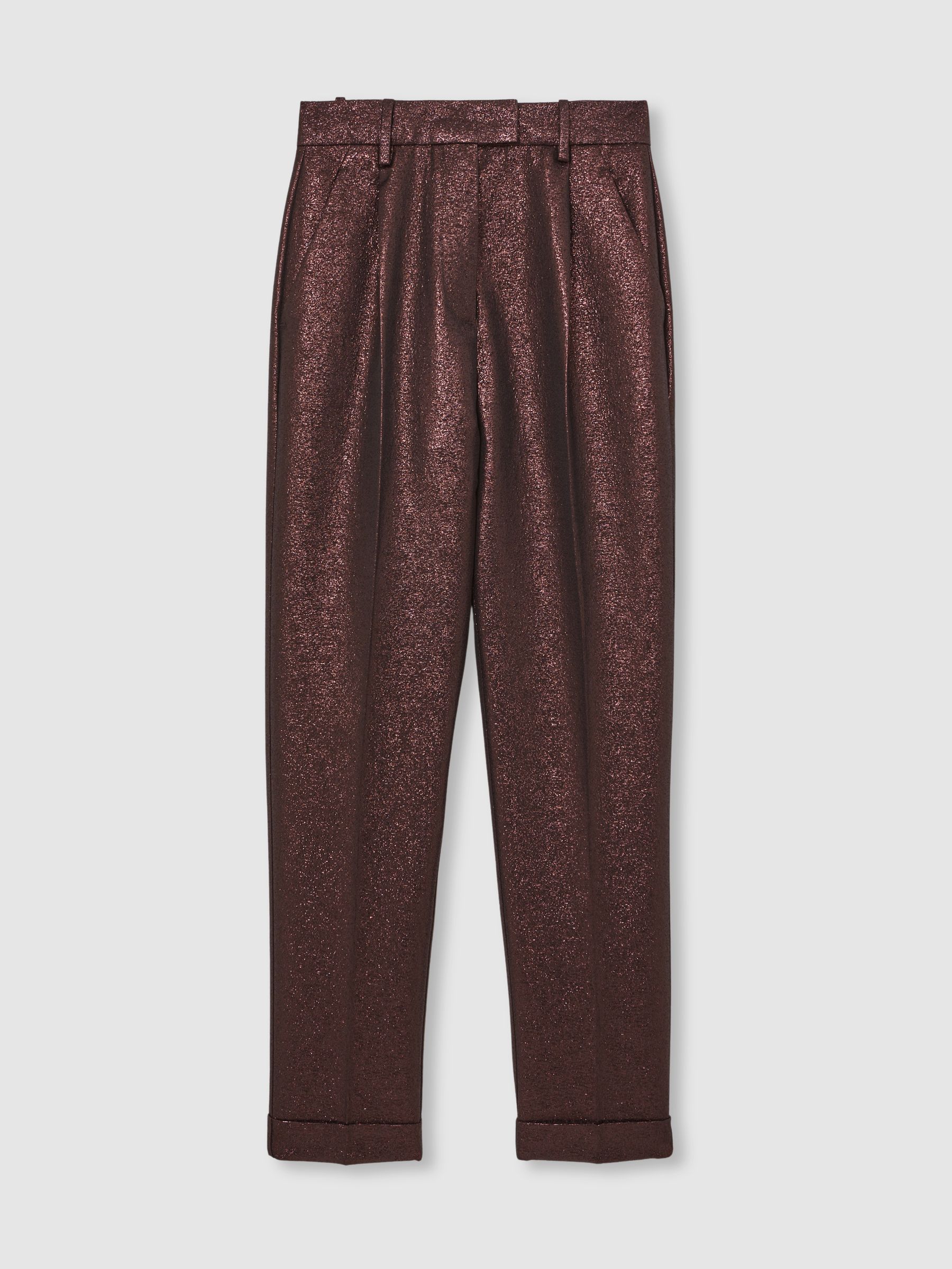 Petite Tapered Metallic Suit Trousers with Cotton in Burgundy