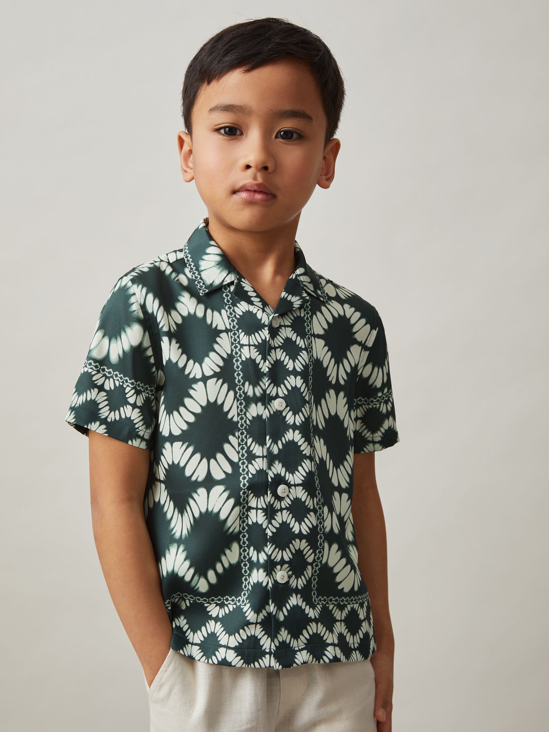 9-13 yrs Abstract Print Cuban Collar Shirt in Green