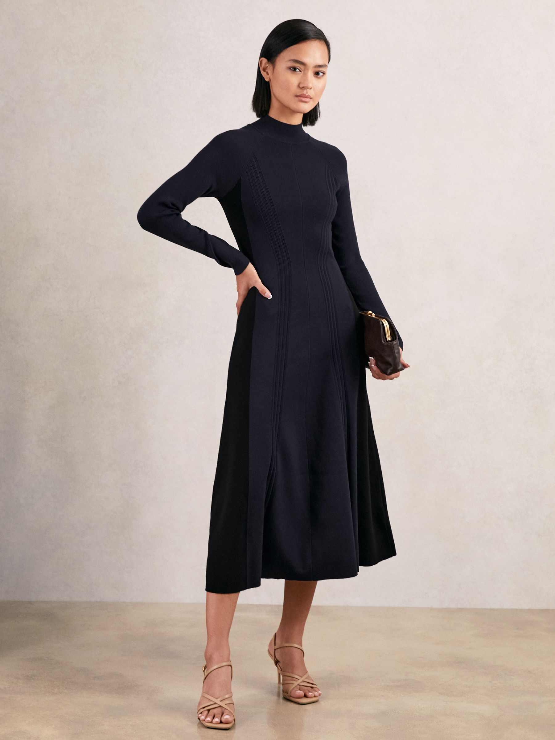 Petite Knitted Contrast-Panel Midi Dress in Navy/Black