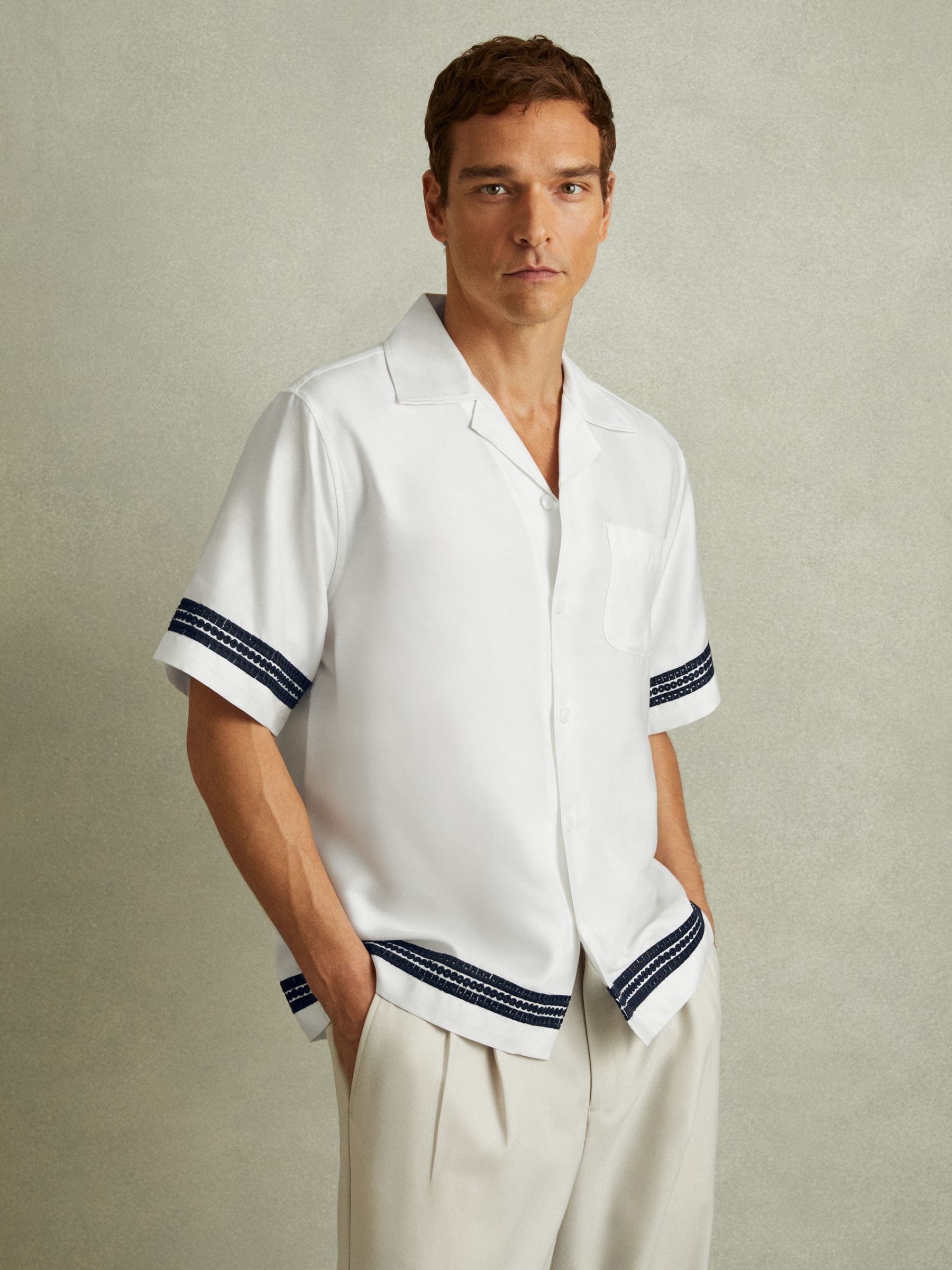 Relaxed Embroidered Trim Cuban Collar Shirt in White/Navy