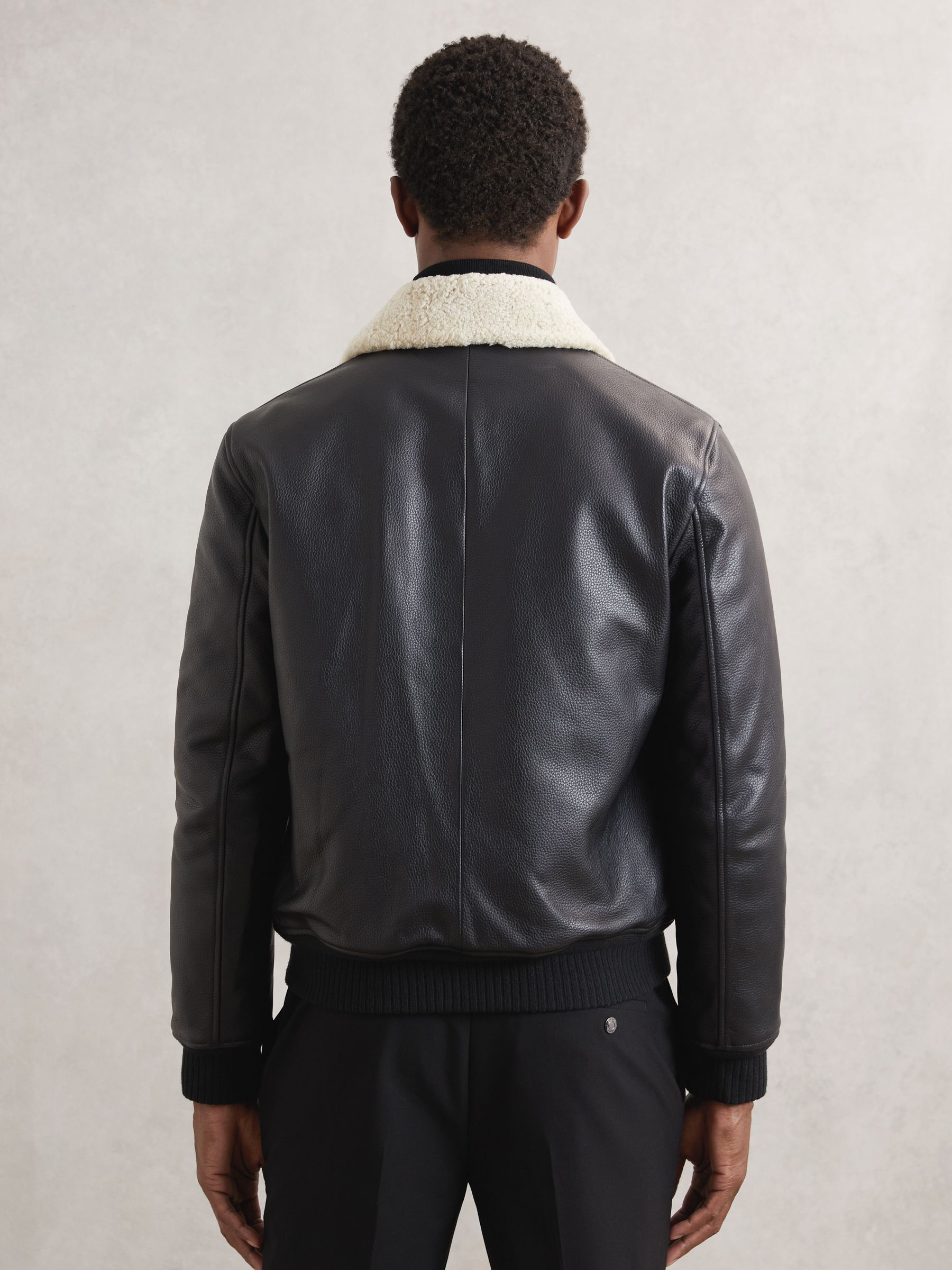 Leather Shearling-Collar Bomber Jacket in Black