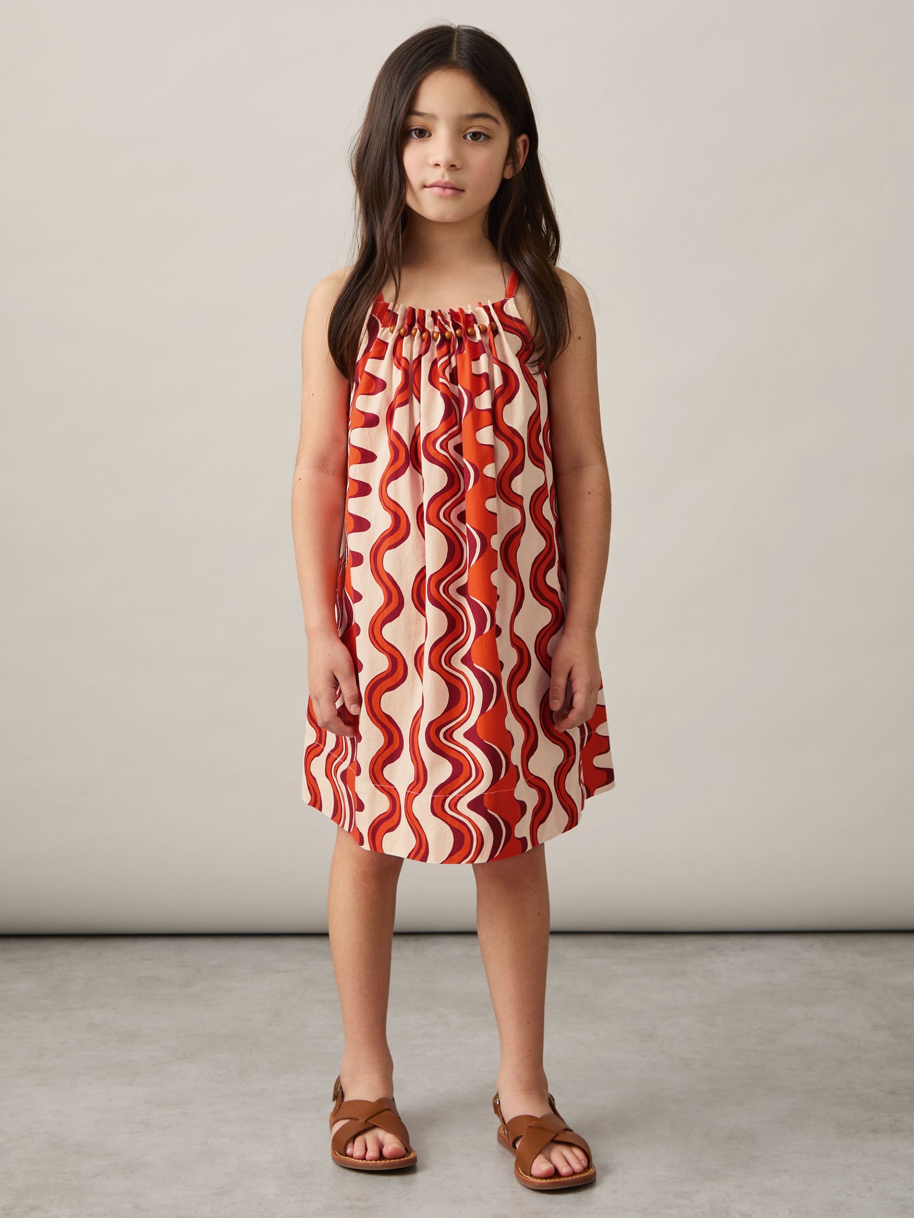 13-14 yrs Cotton Bead-Detail Printed Dress in Red