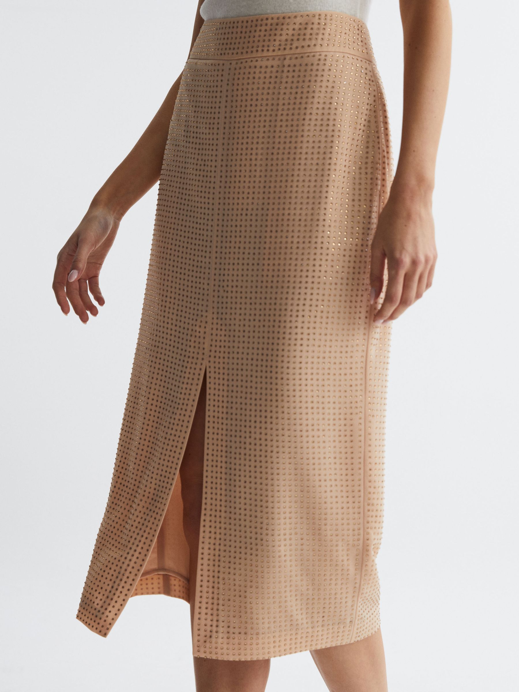Embellished High Rise Midi Skirt in Nude