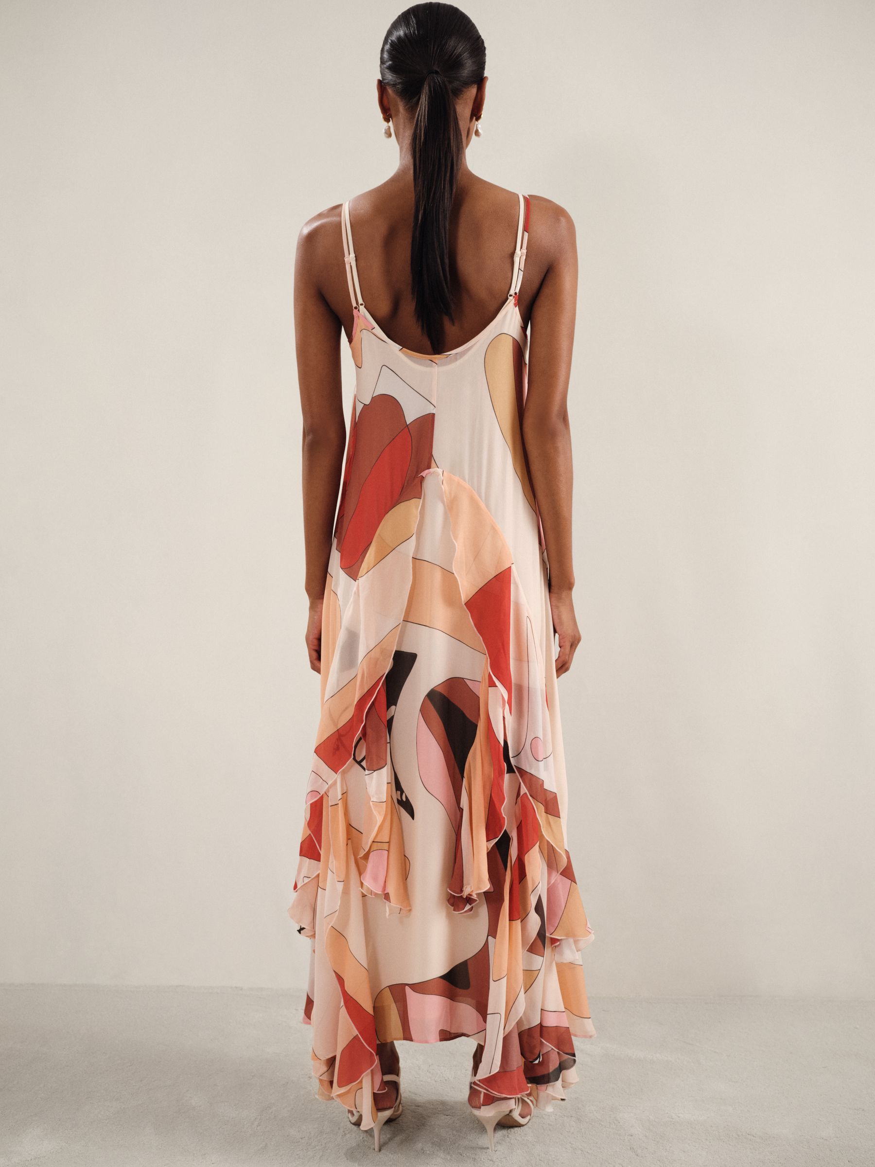 Petite Printed Ruffle Trim Maxi Dress in Cream/Red