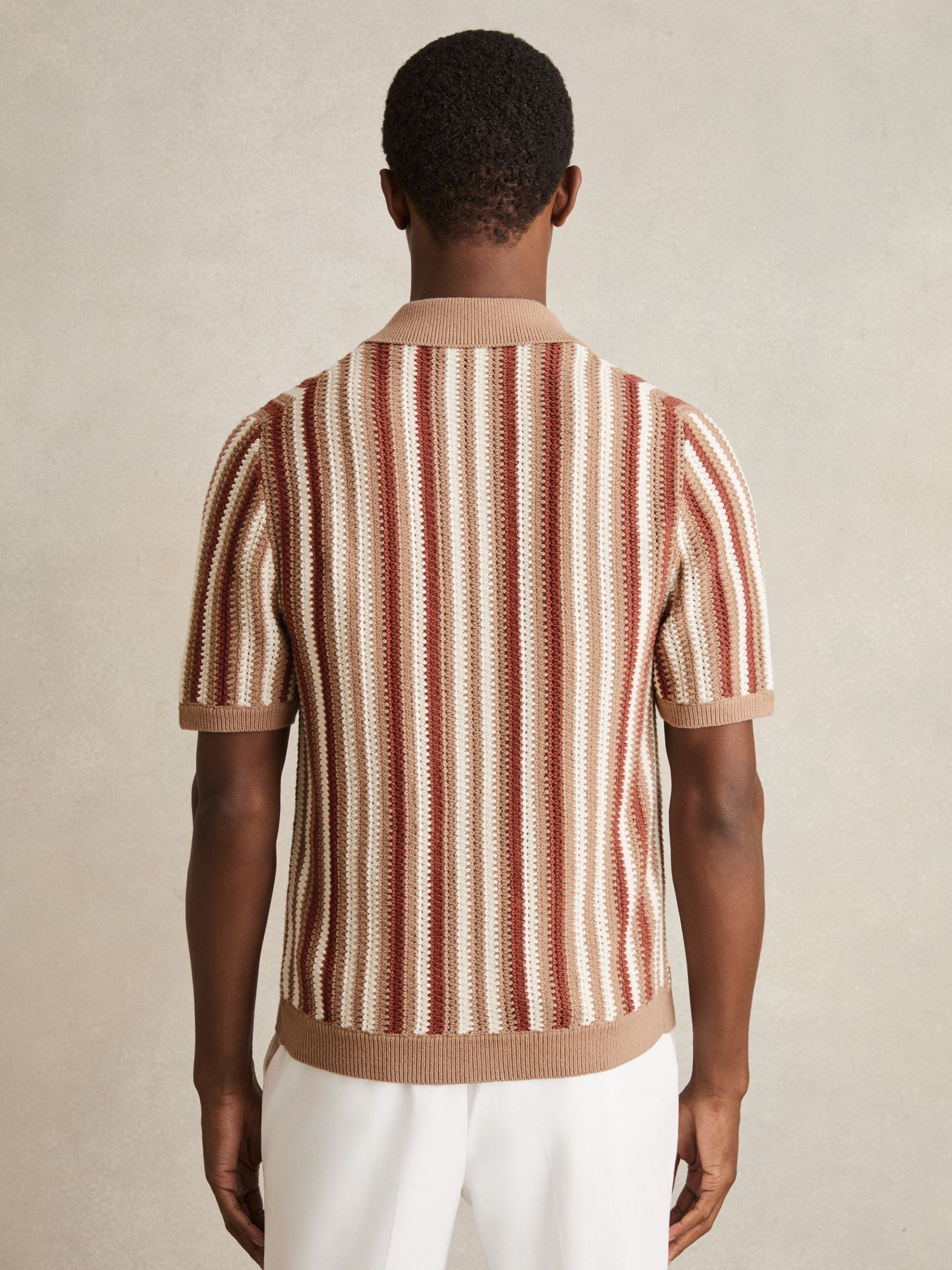 Cotton Crochet Stripe Cuban Shirt in Camel Multi