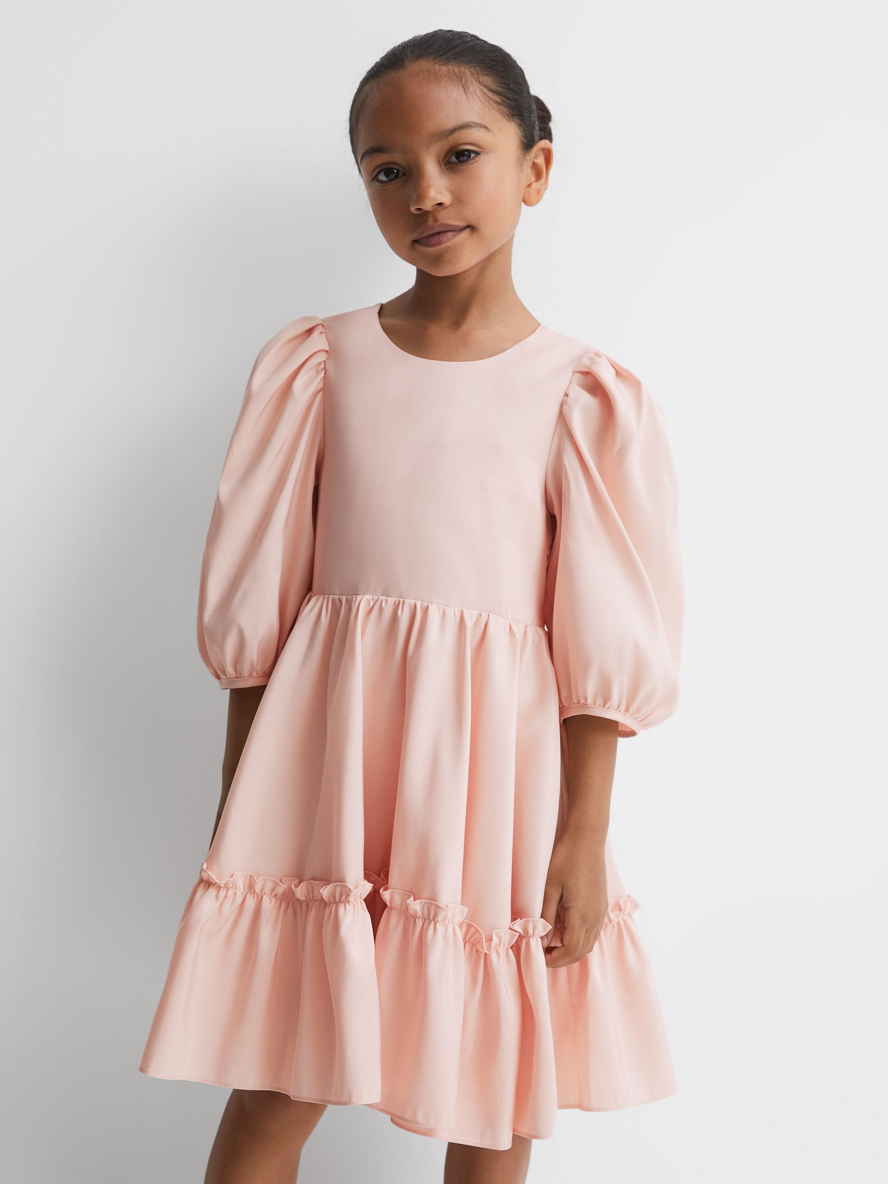 9-13 yrs Mini Puff Sleeve Ruffle Dress in Pink