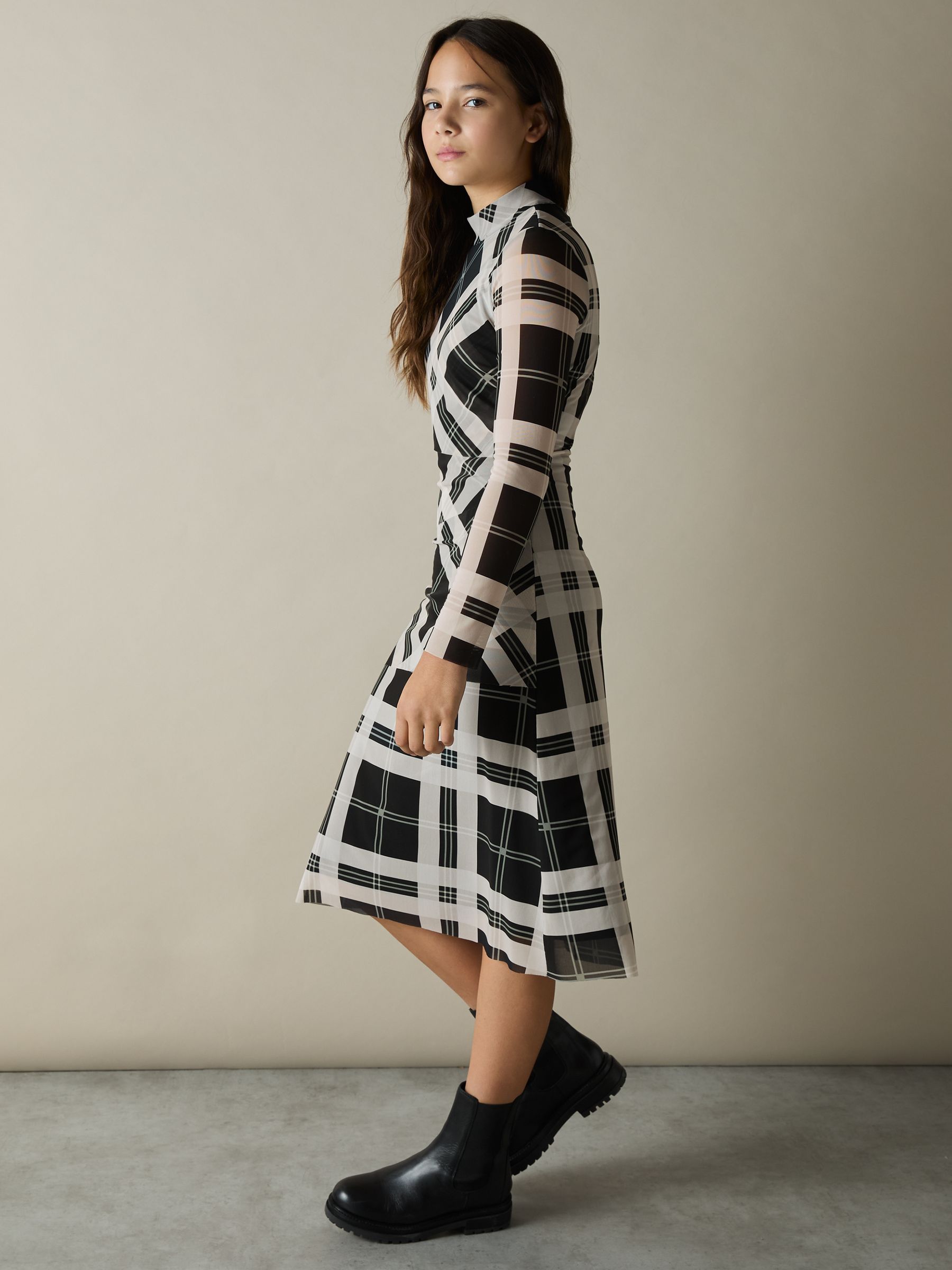 9-13 yrs Checked Tiered Midi Dress in Black/Ecru