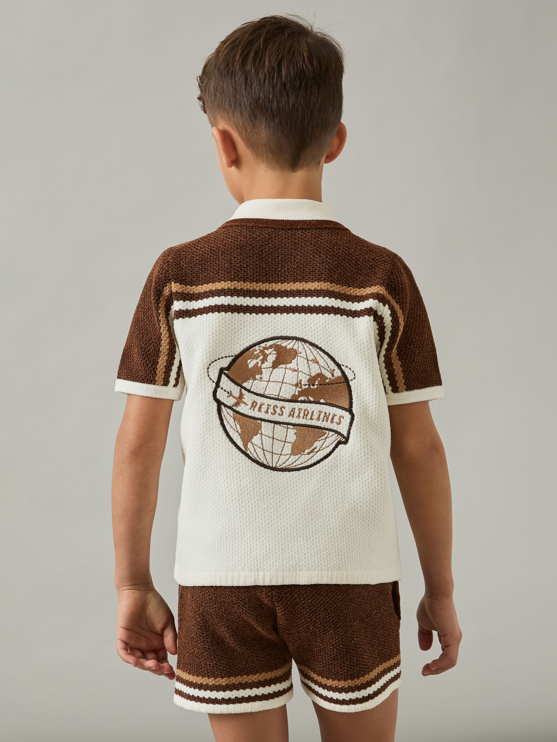 13-14 yrs Chenille Airlines Embroidery Shirt in Taupe Brown/White