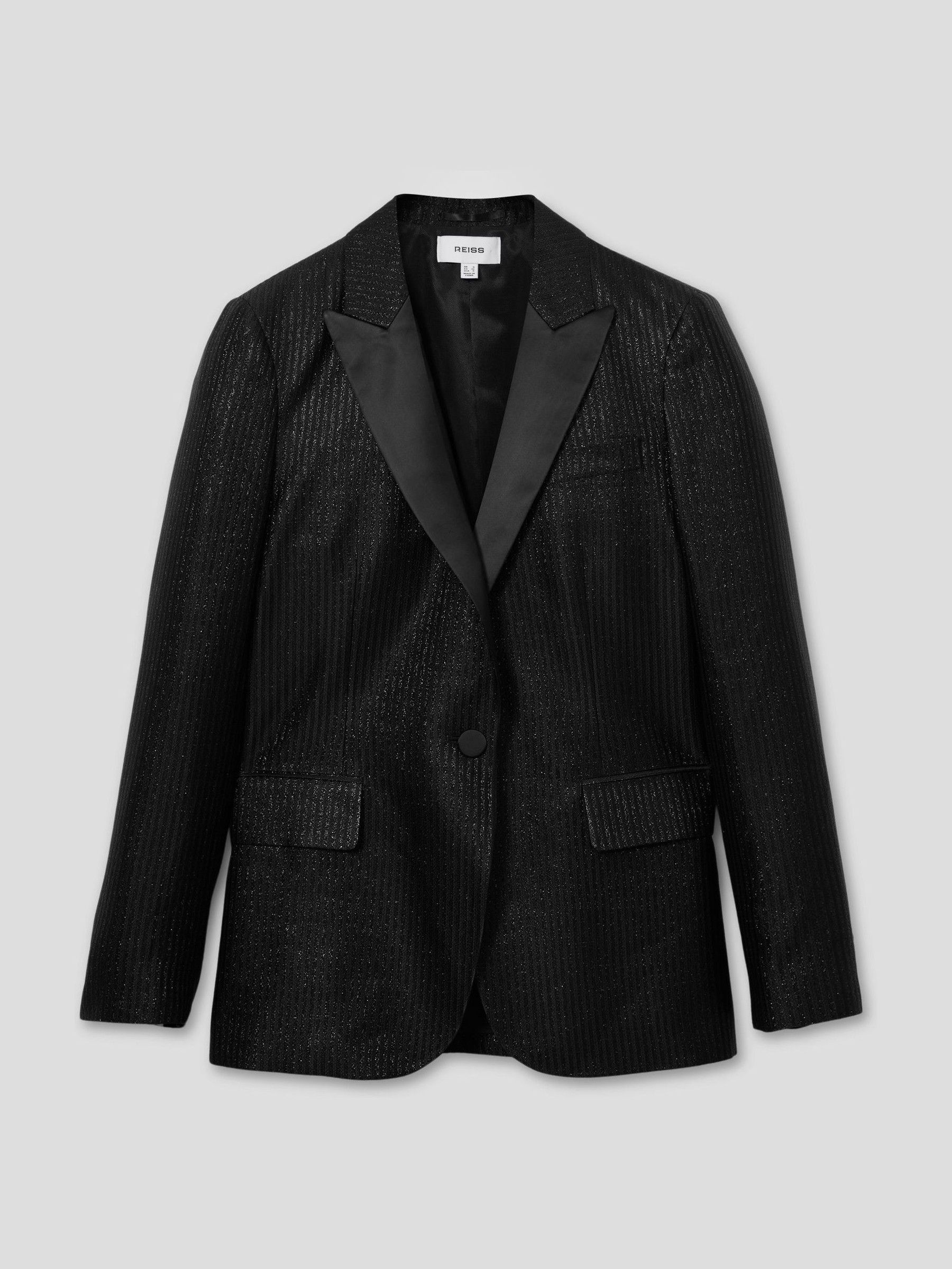 Single-Breasted Lamé-Stripe Tuxedo Jacket in Black