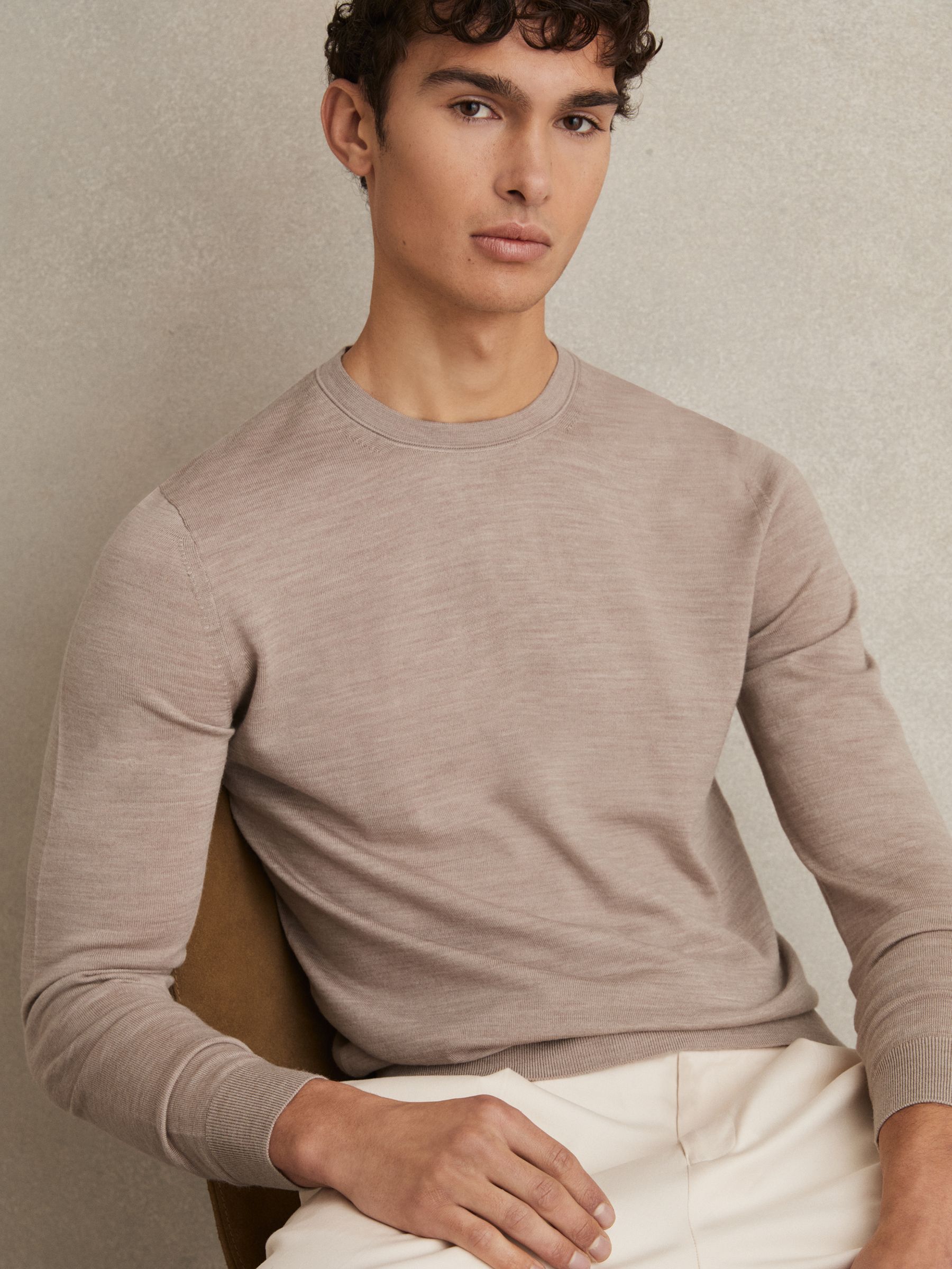Merino Wool Crew Neck Jumper in Wheat Melange