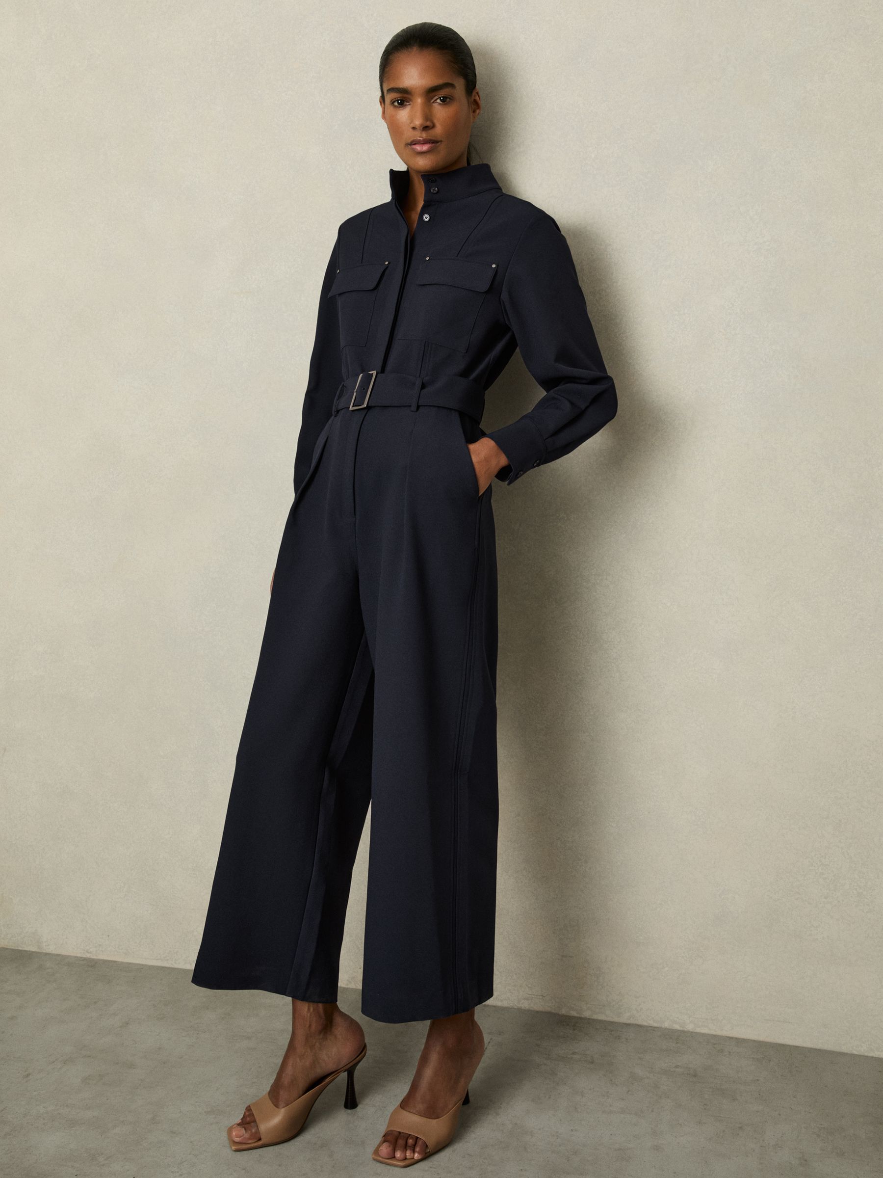 Tailored Wide Leg Utility Jumpsuit in Navy