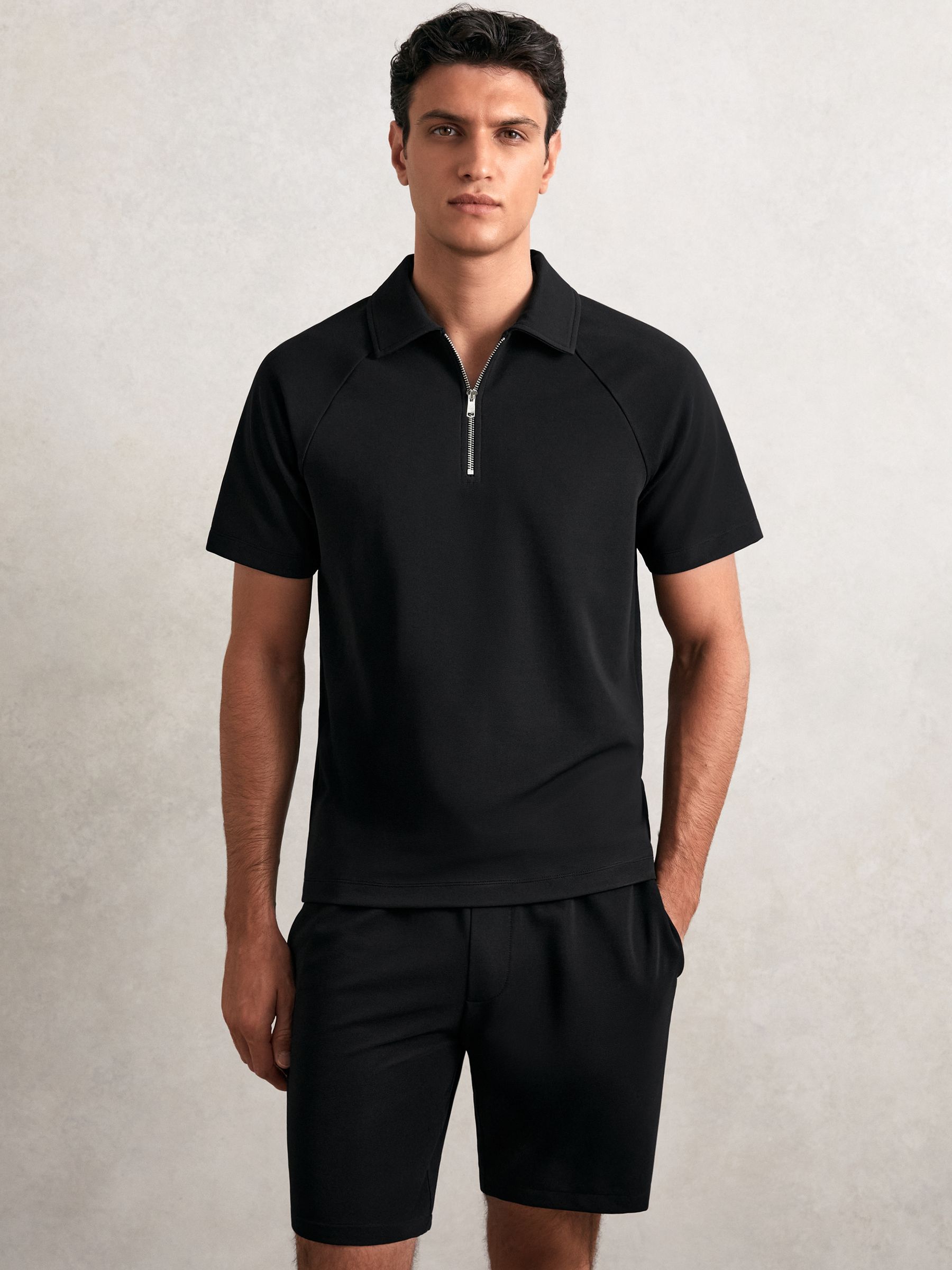 Textured Raglan Half-Zip Polo Shirt in Black