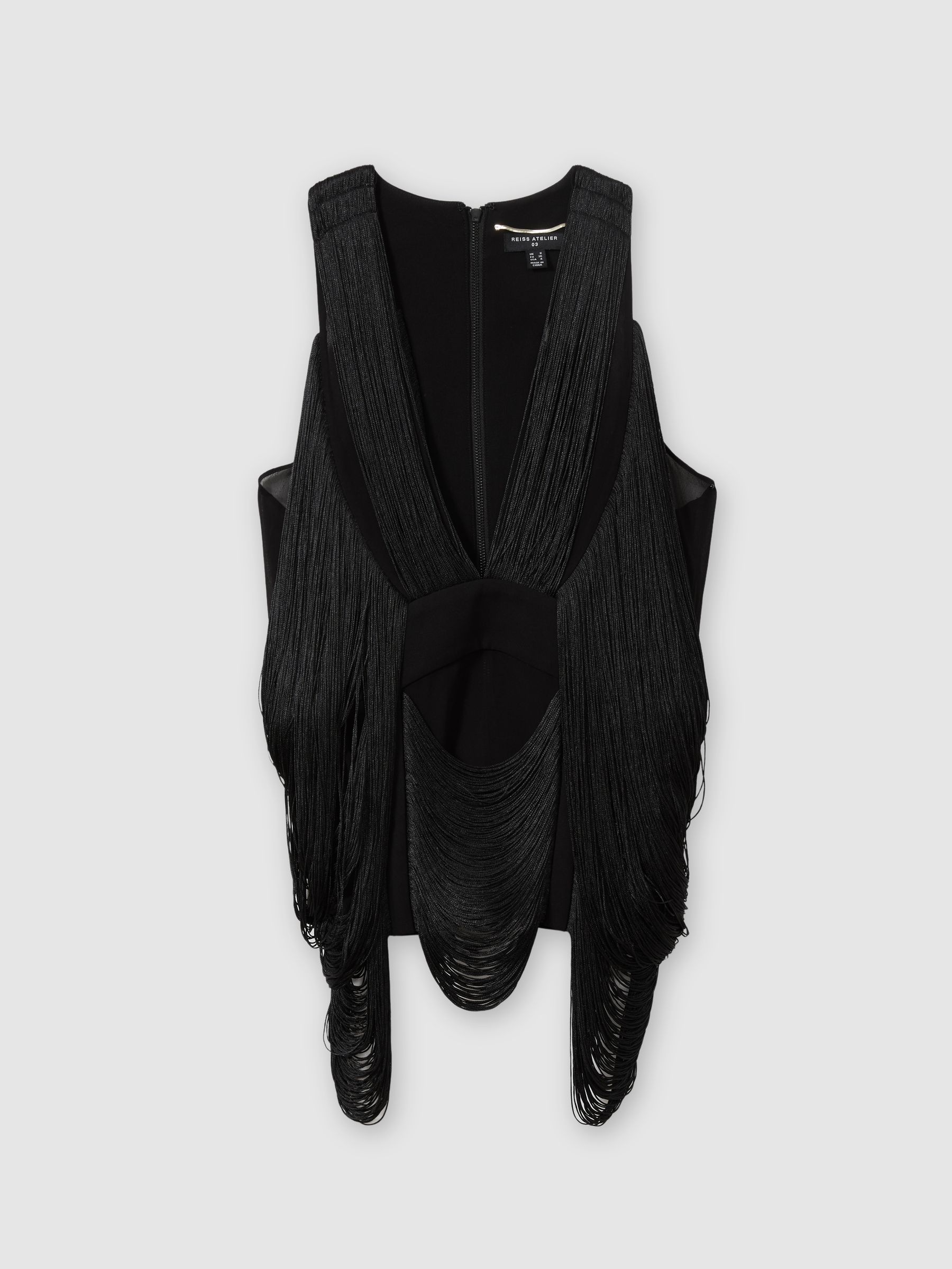Atelier Draped Fringe Deep-V Top in Black