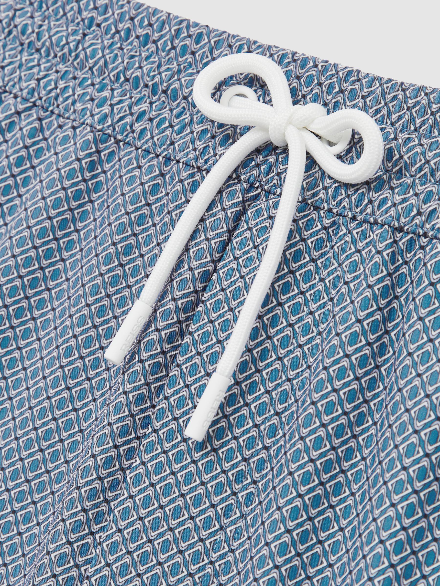 Drawstring Geometric Print Swim Shorts in Airforce Blue