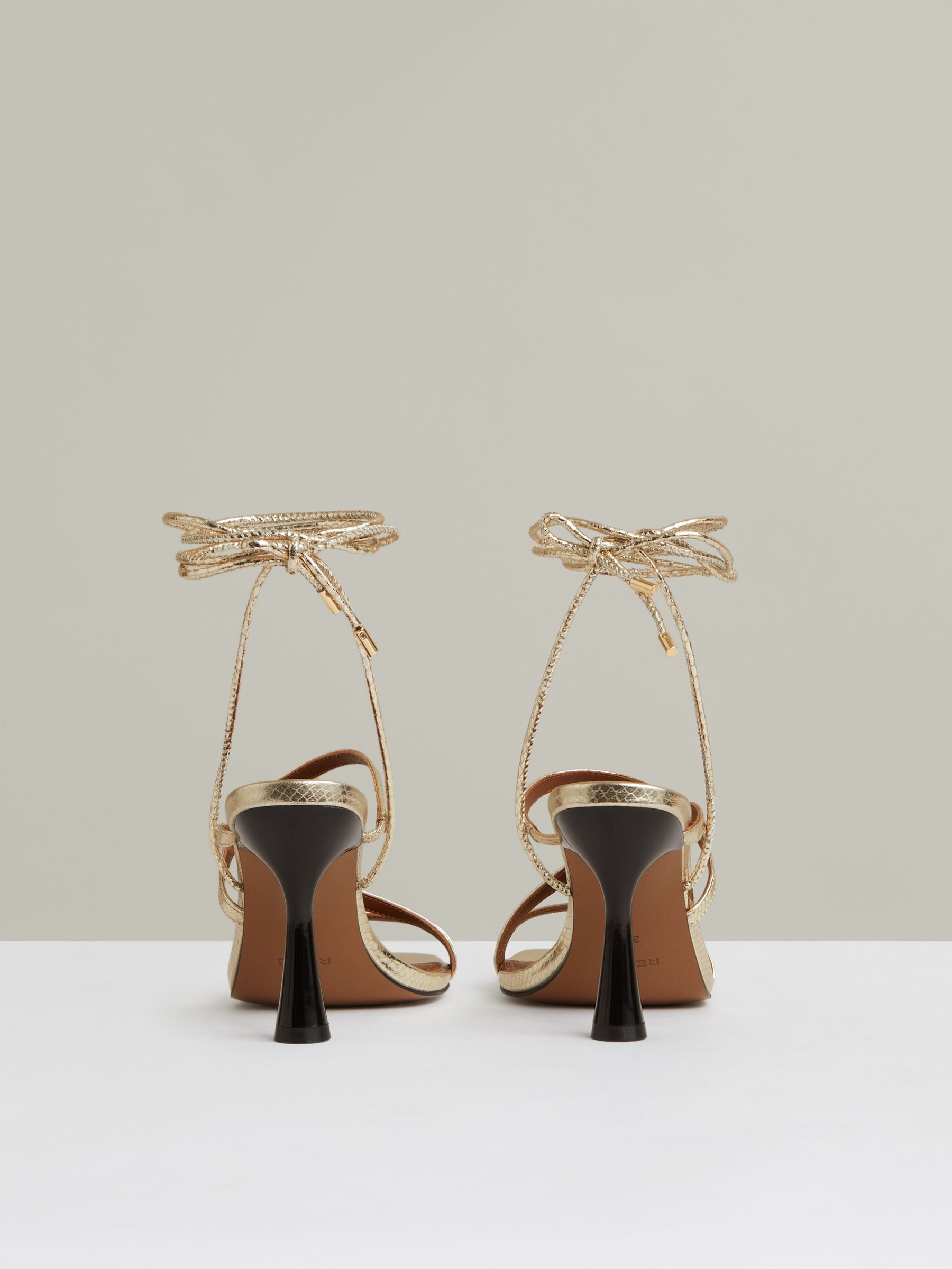 Leather Metallic Strappy Heeled Sandals in Gold