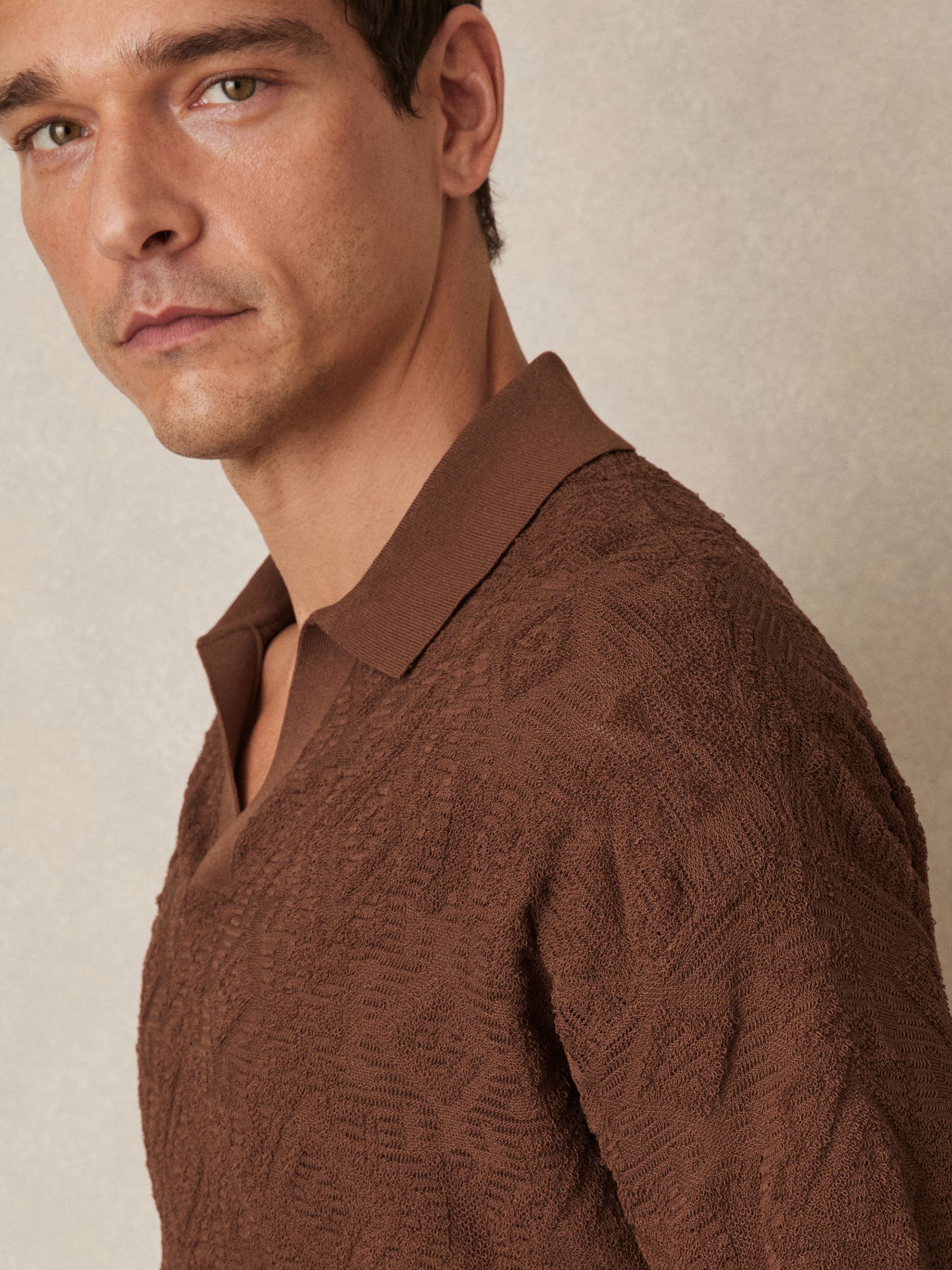 Jacquard Loop-Stitch Polo Shirt in Tobacco