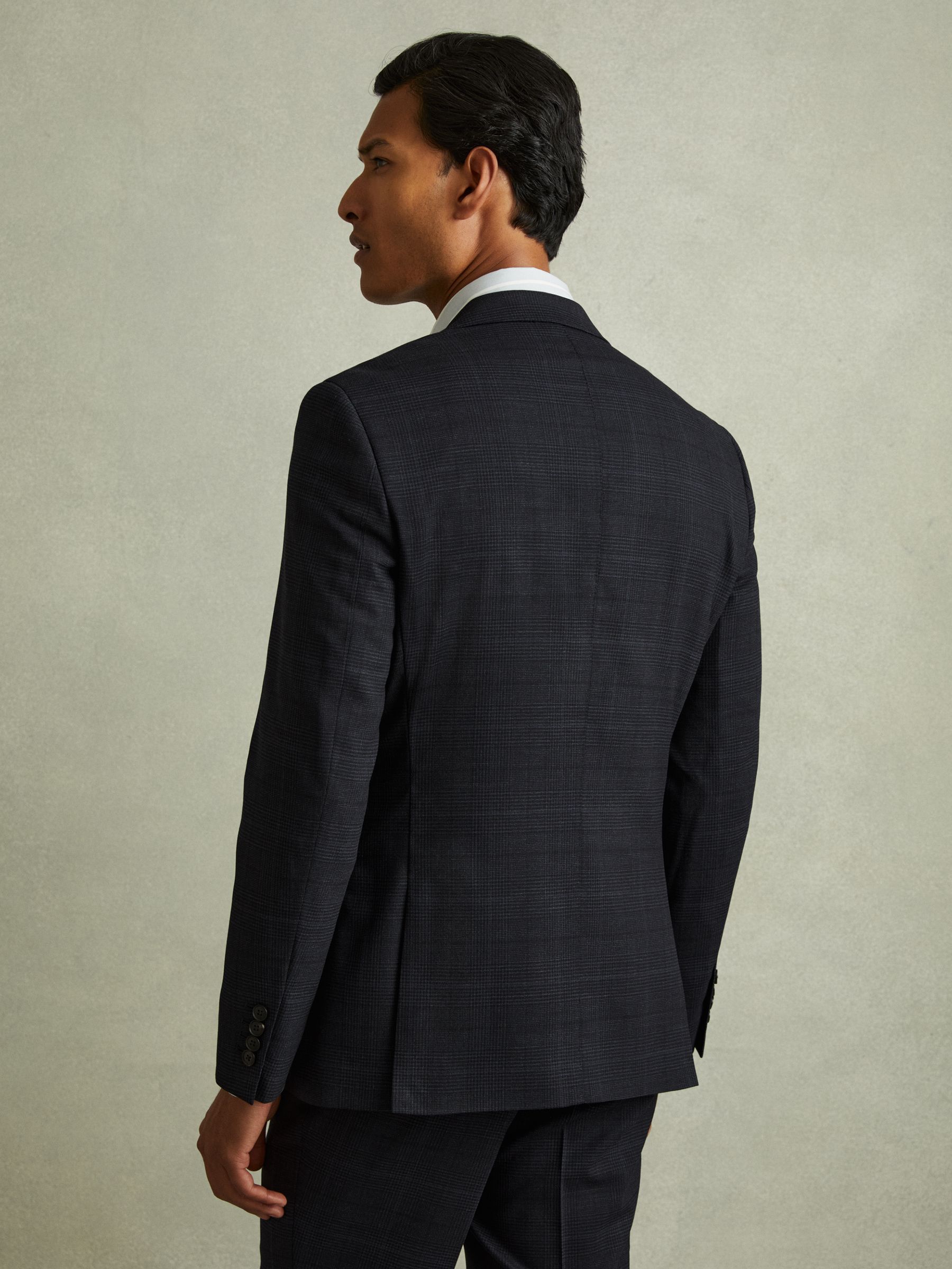 Single-Breasted Wool Blend Blazer in Prince of Wales Check in Navy