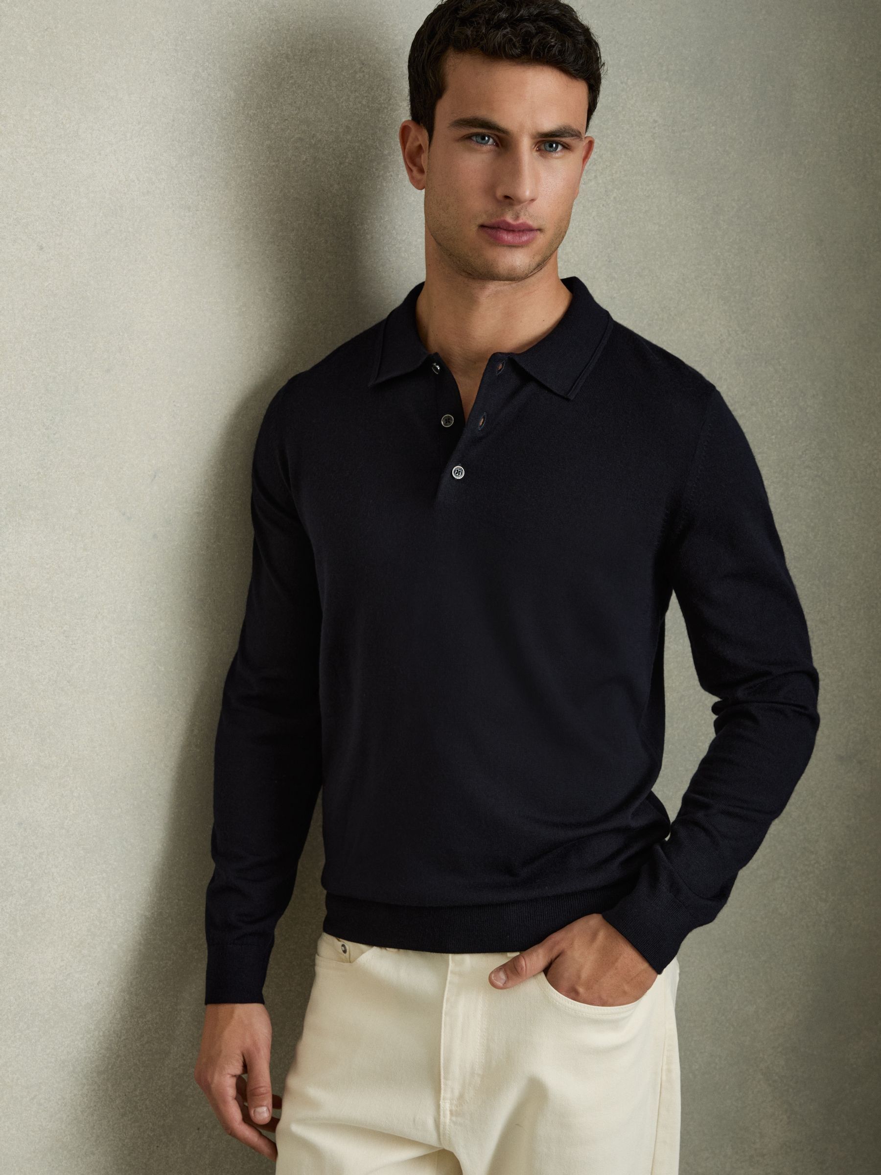 Merino Wool Long-Sleeve Polo Shirt in Navy