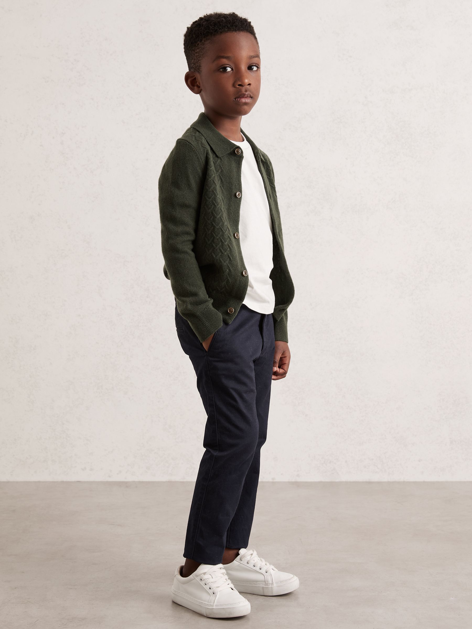 9-13 yrs Wool V-Stitch Button-Through Cardigan in Forest Green