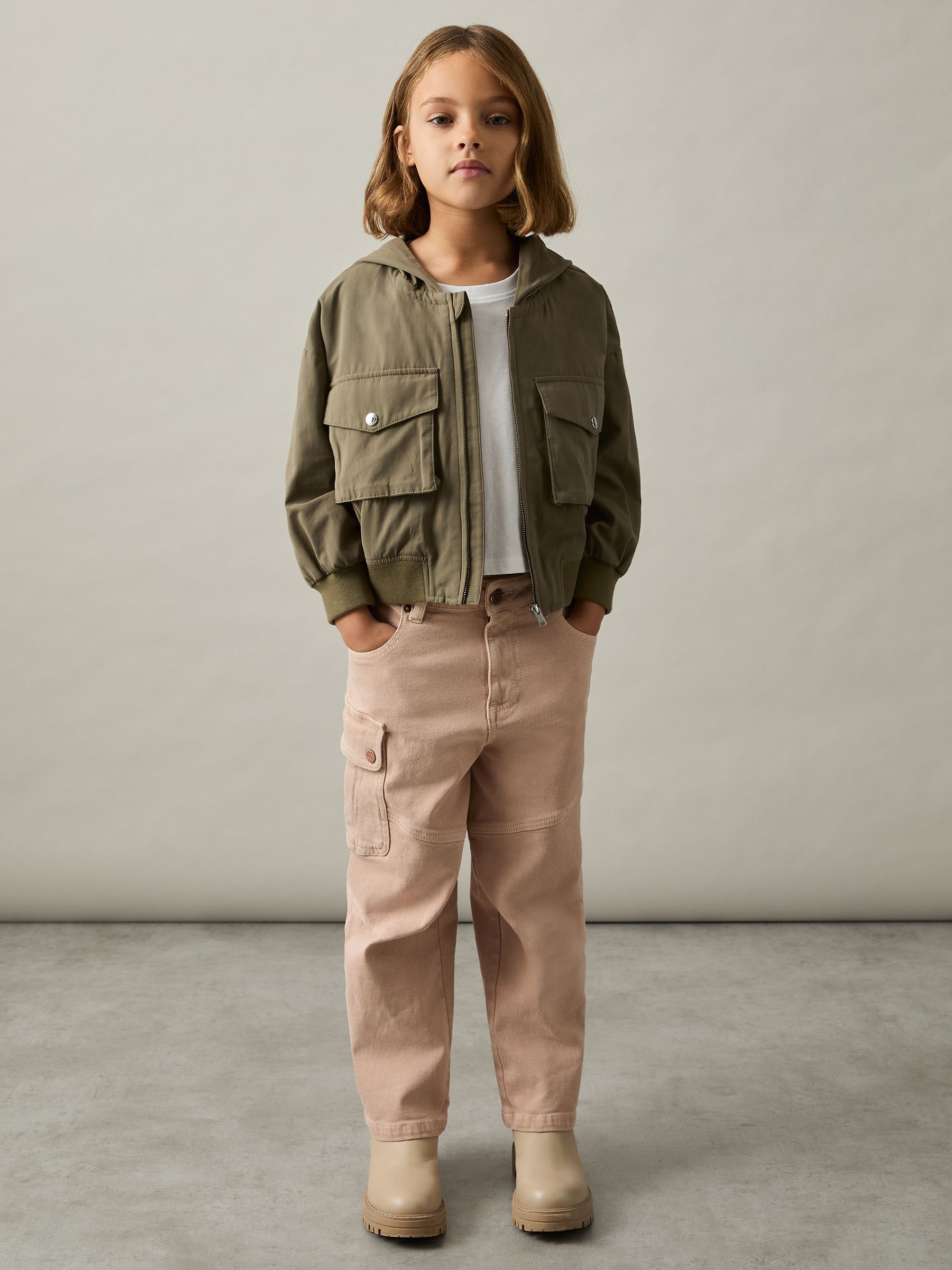 9-13 yrs Hooded Utility Bomber Jacket in Khaki