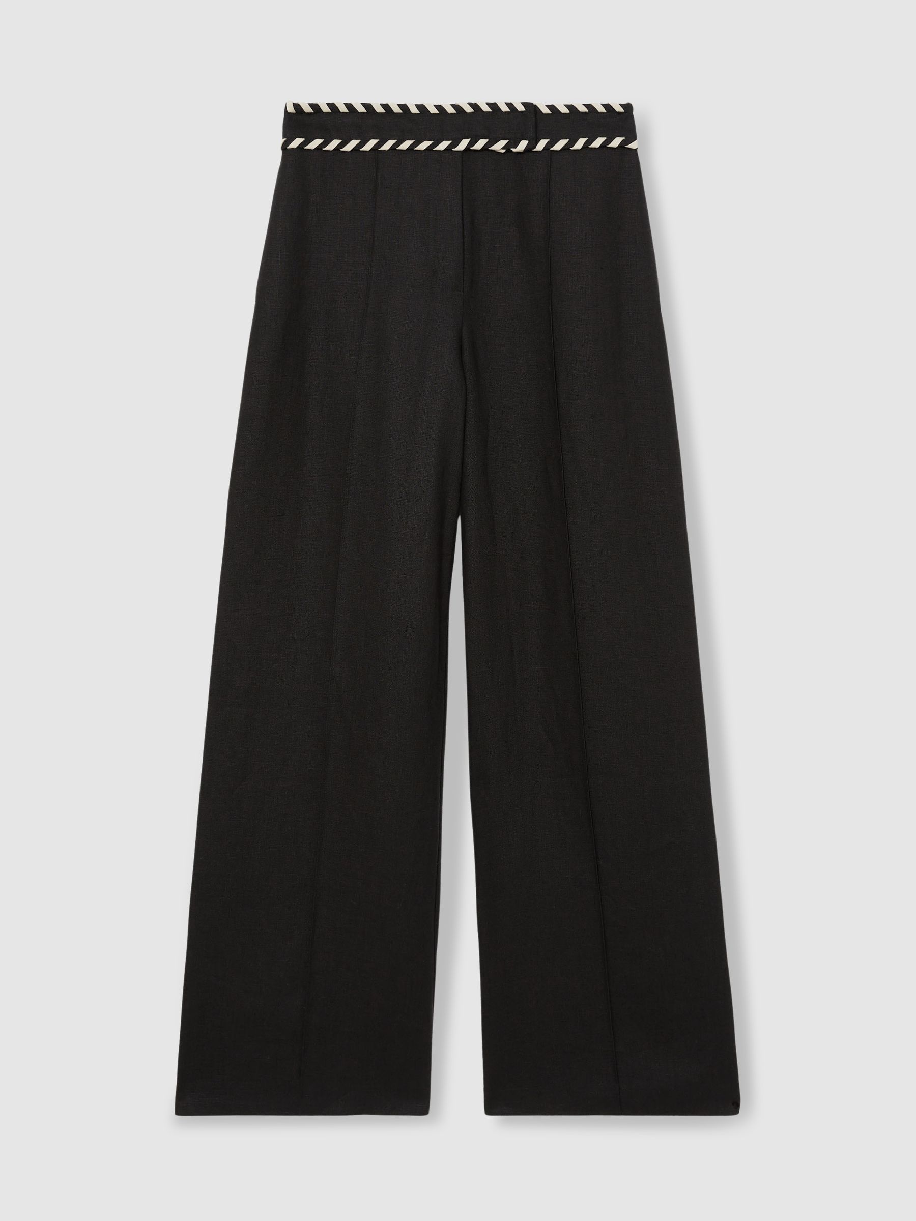 Linen Wide-Leg Whipstitch Trousers in Black