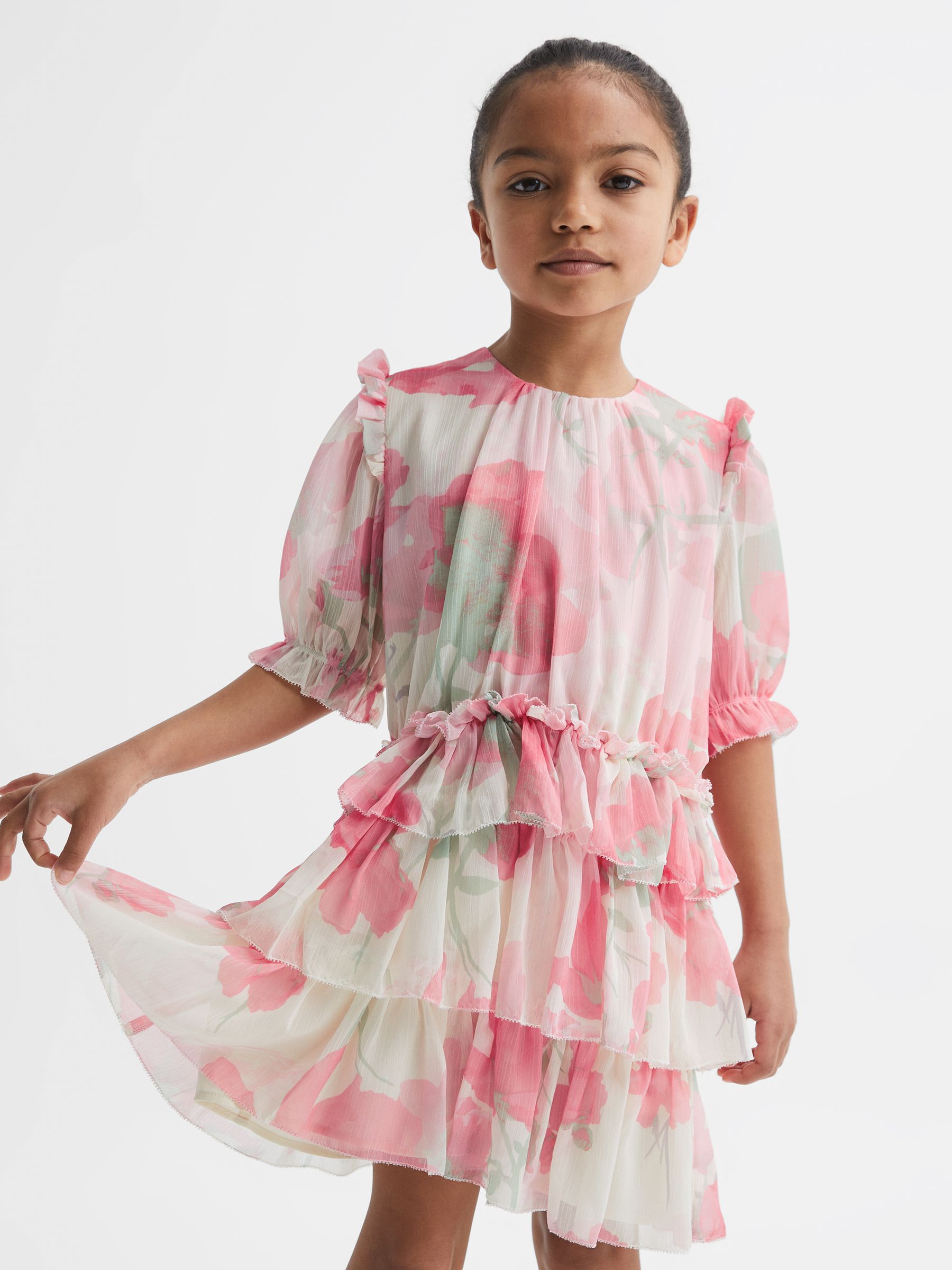 9-12 yrs Printed Tiered Dress in Pink Print