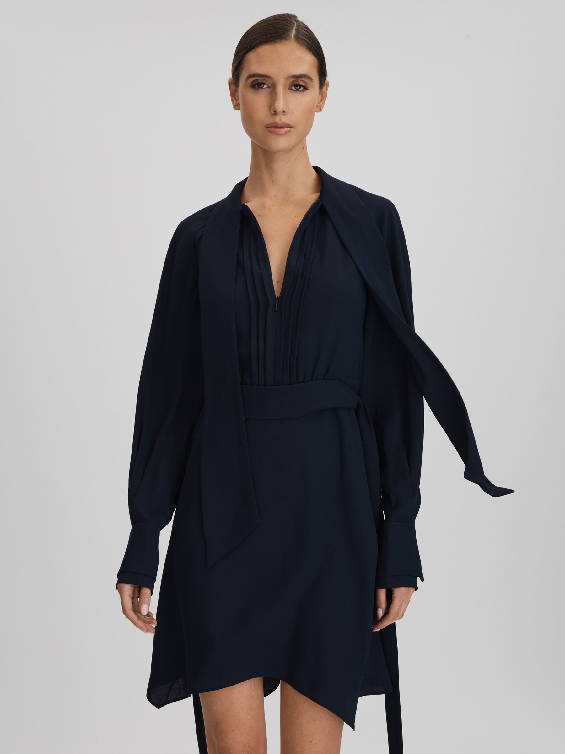 Tie Neck Zip Front Mini Dress in Navy