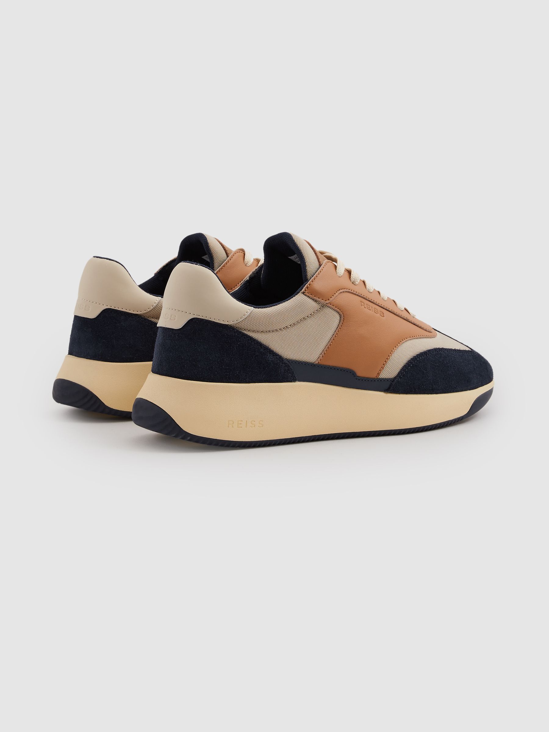 Leather Suede Running Trainers in Navy/Camel