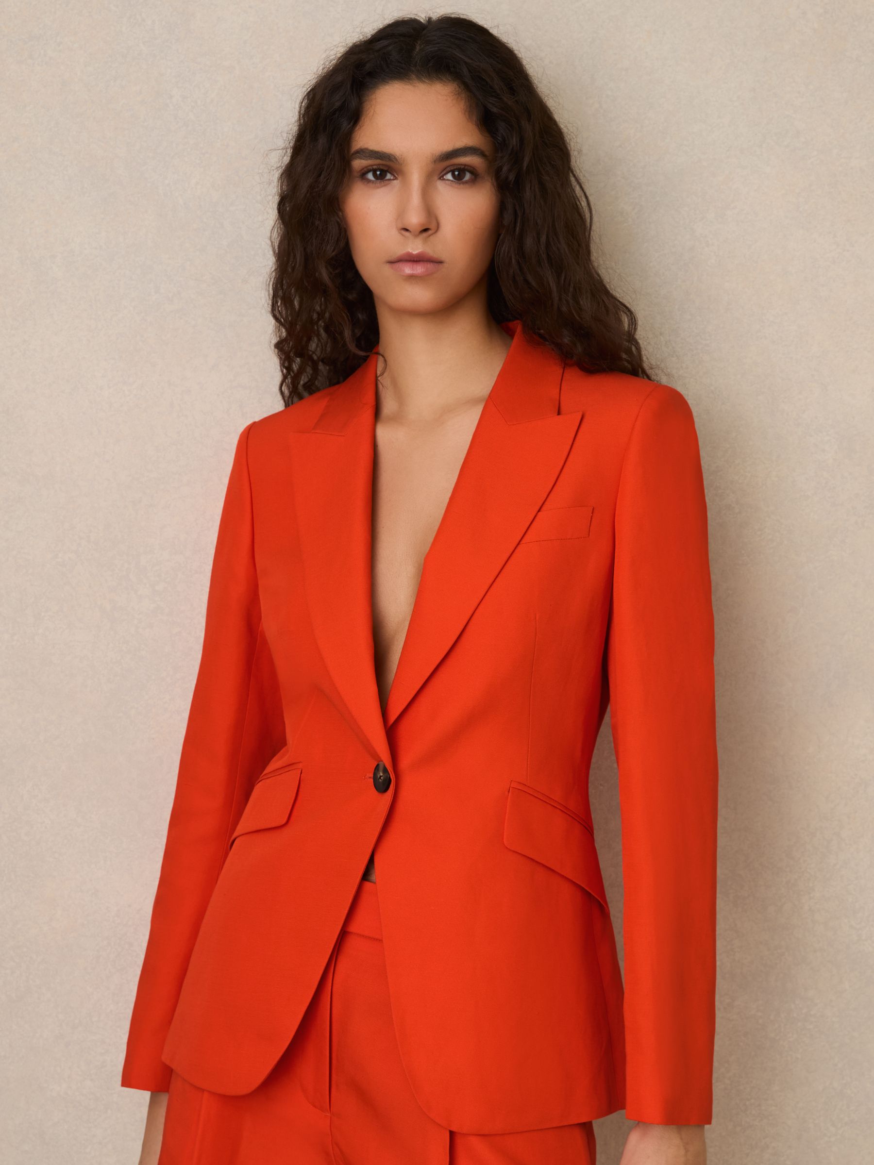 Single Breasted Suit Jacket With Linen in Orange