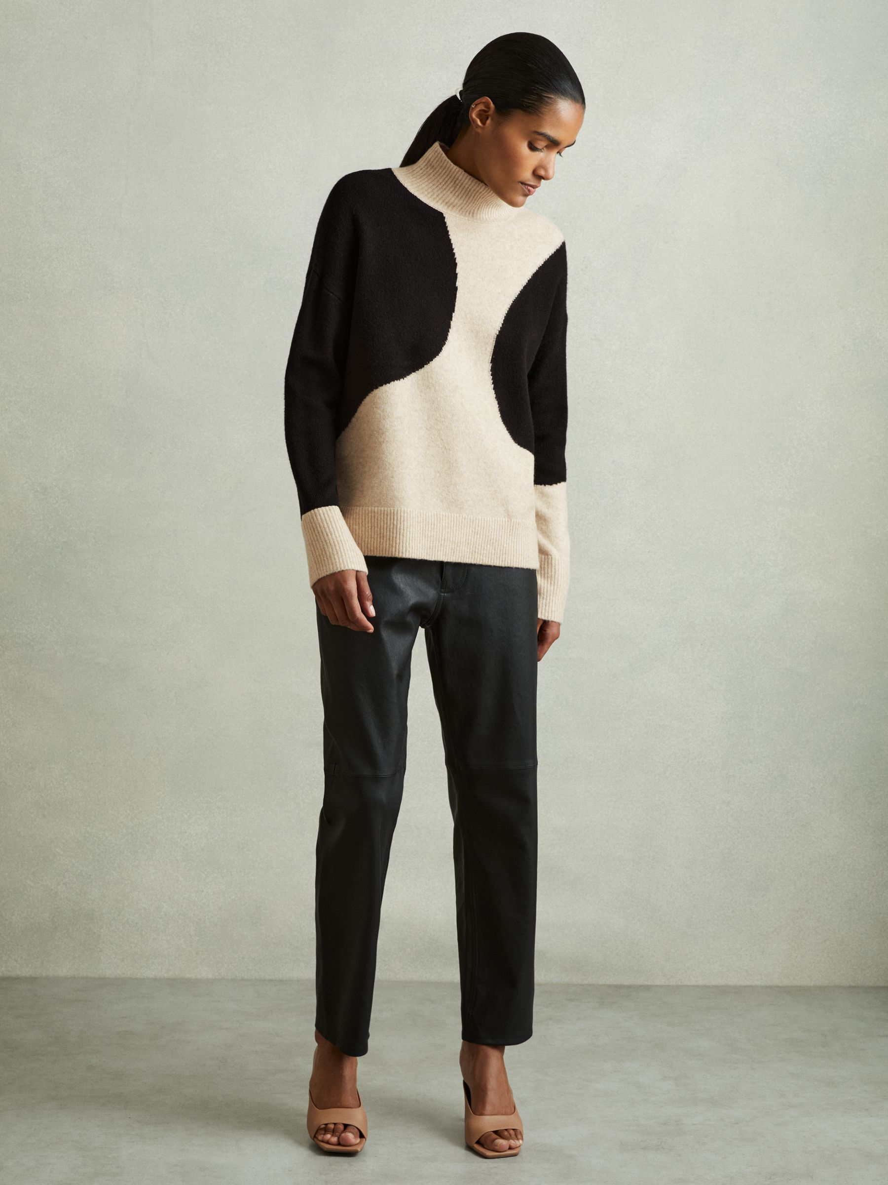 Colourblock Roll Neck Jumper in Oatmeal/Black