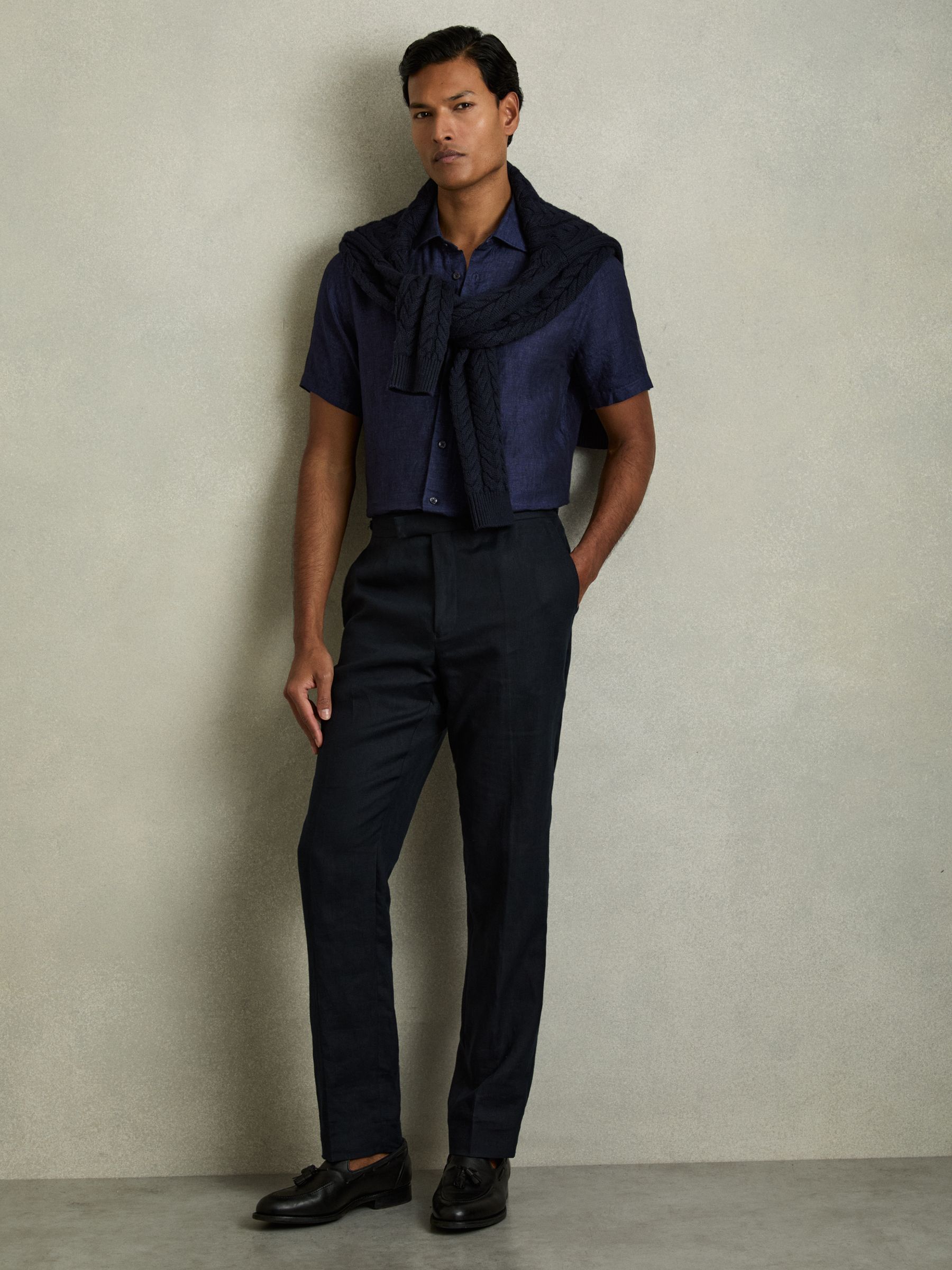 Slim Fit Linen Button-Through Shirt in Navy