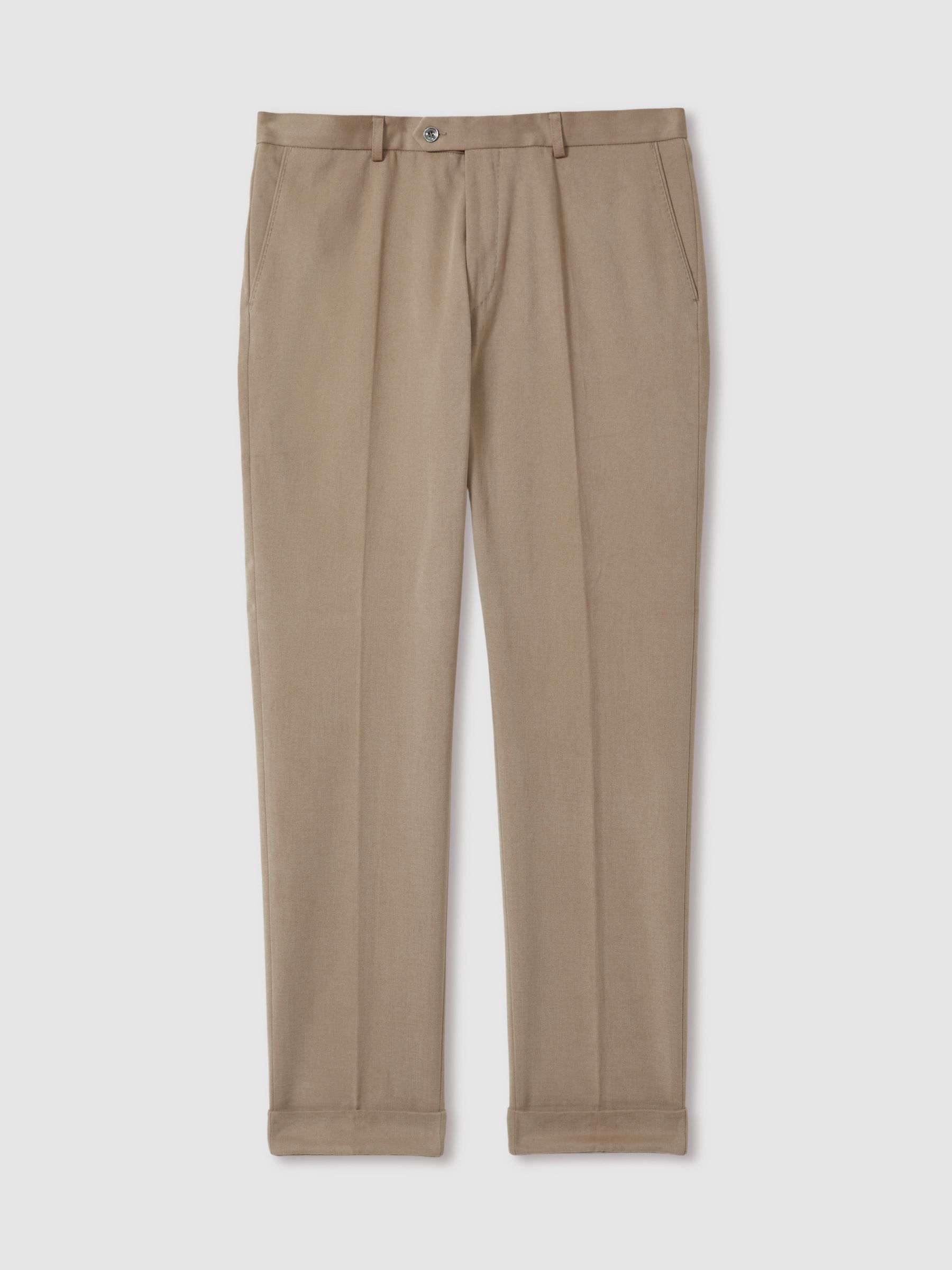 Oscar Jacobson Slim Fit 100% Cotton Turn-Up Trousers in Beige