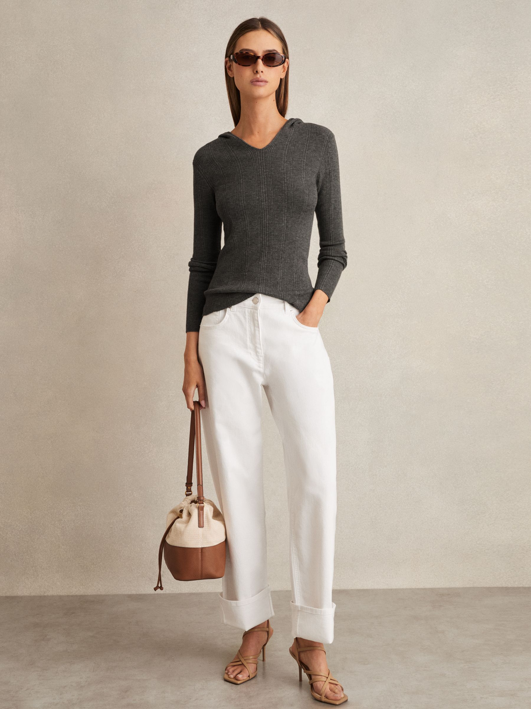 Wool-Blend Rib-Knit Hooded Jumper in Charcoal