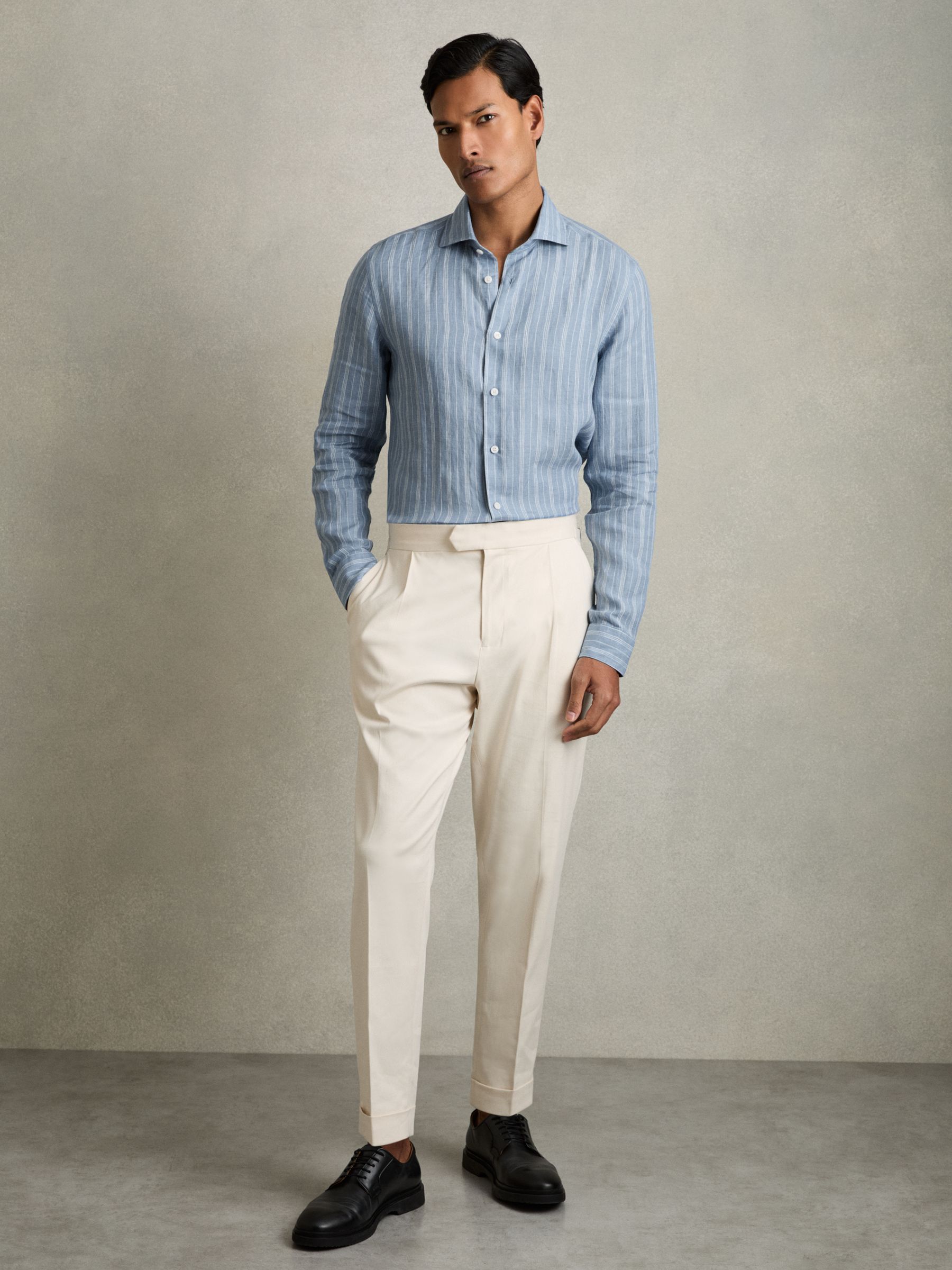 Linen Striped Long Sleeve Shirt in Airforce Blue/White Bengal Stripe