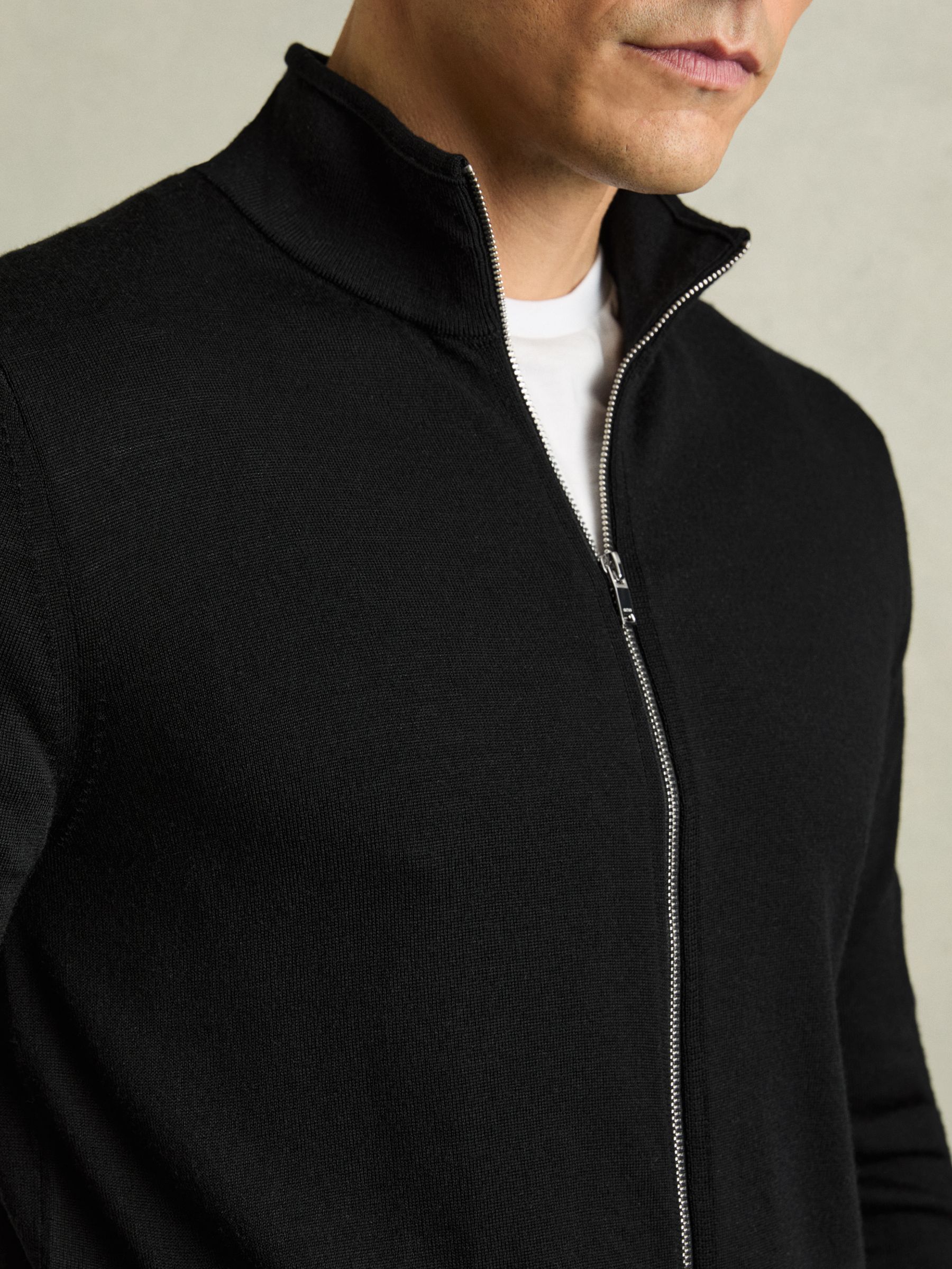 Merino Wool Zip-Through Cardigan in Black