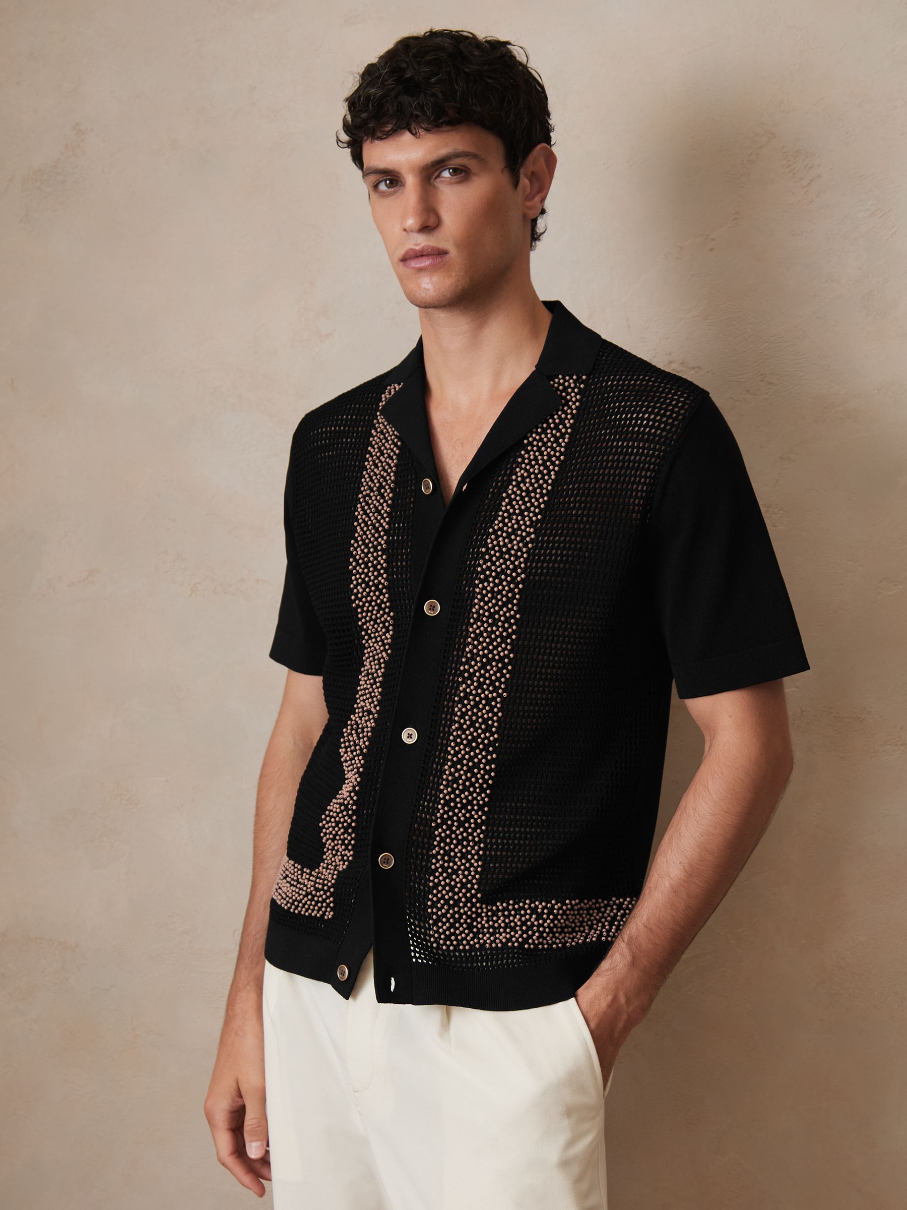 Reiss | Ché Beaded Crochet Shirt in Black