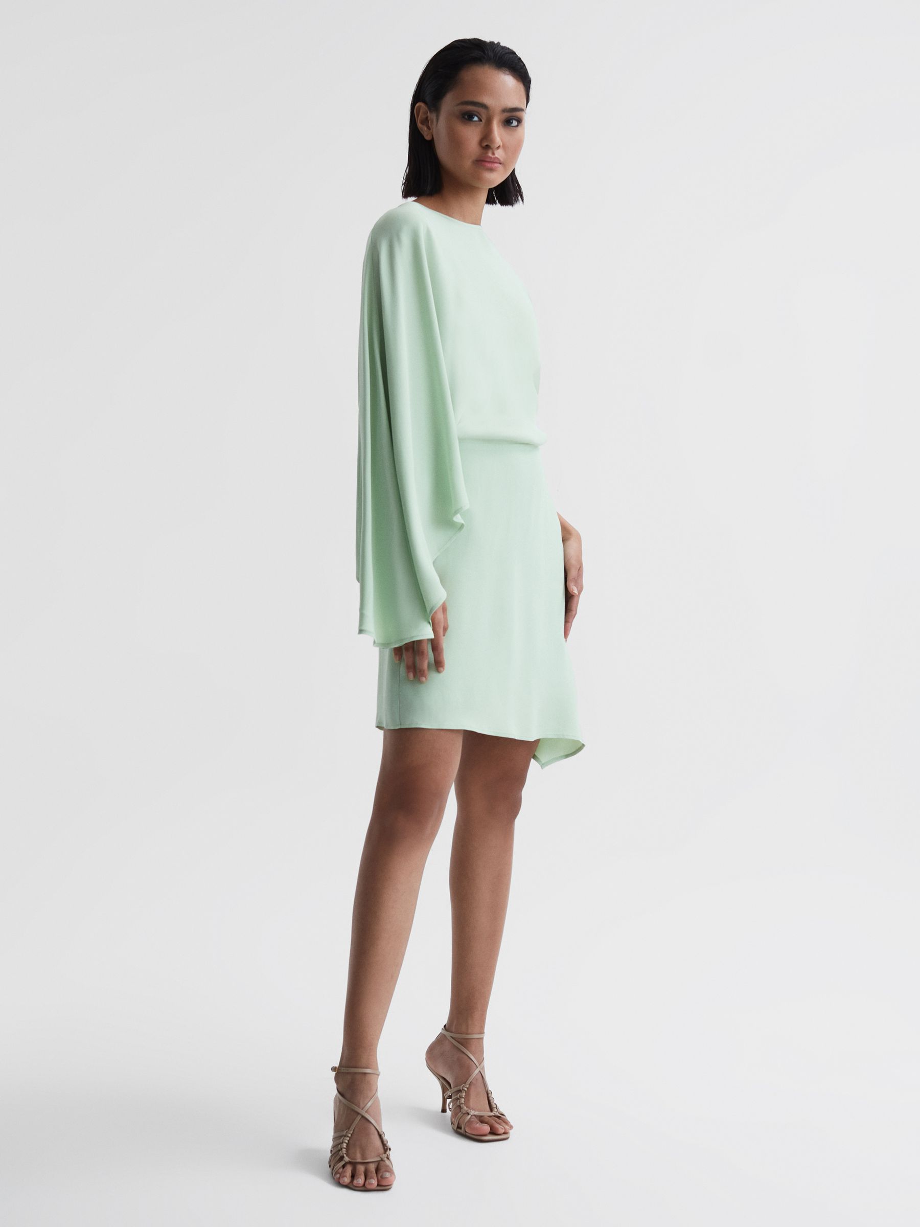 Cape Sleeve Asymmetric Mini Dress in Sage