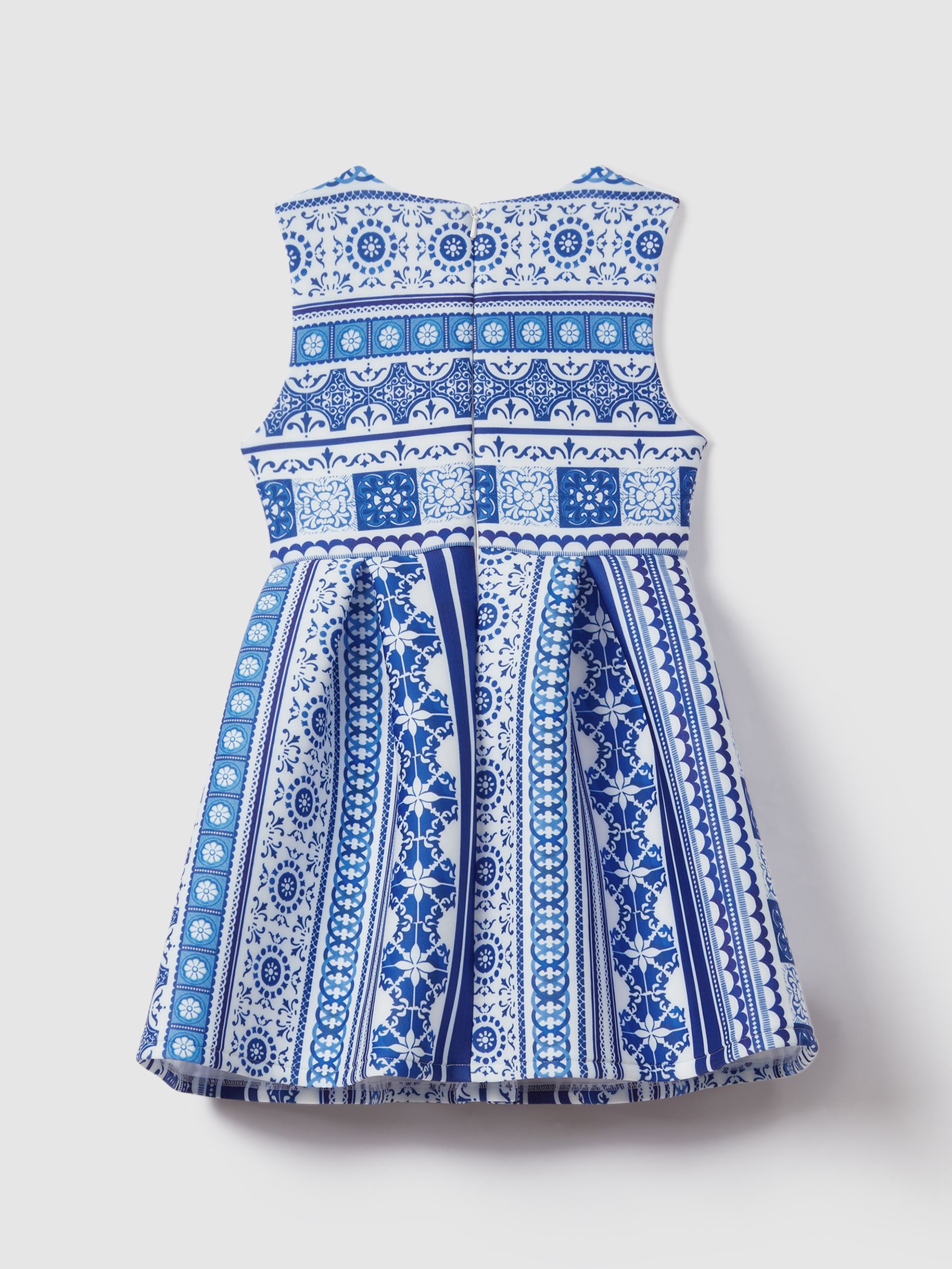 13-14 yrs Tile Print Scuba Fit-and-Flare Dress in Blue Print