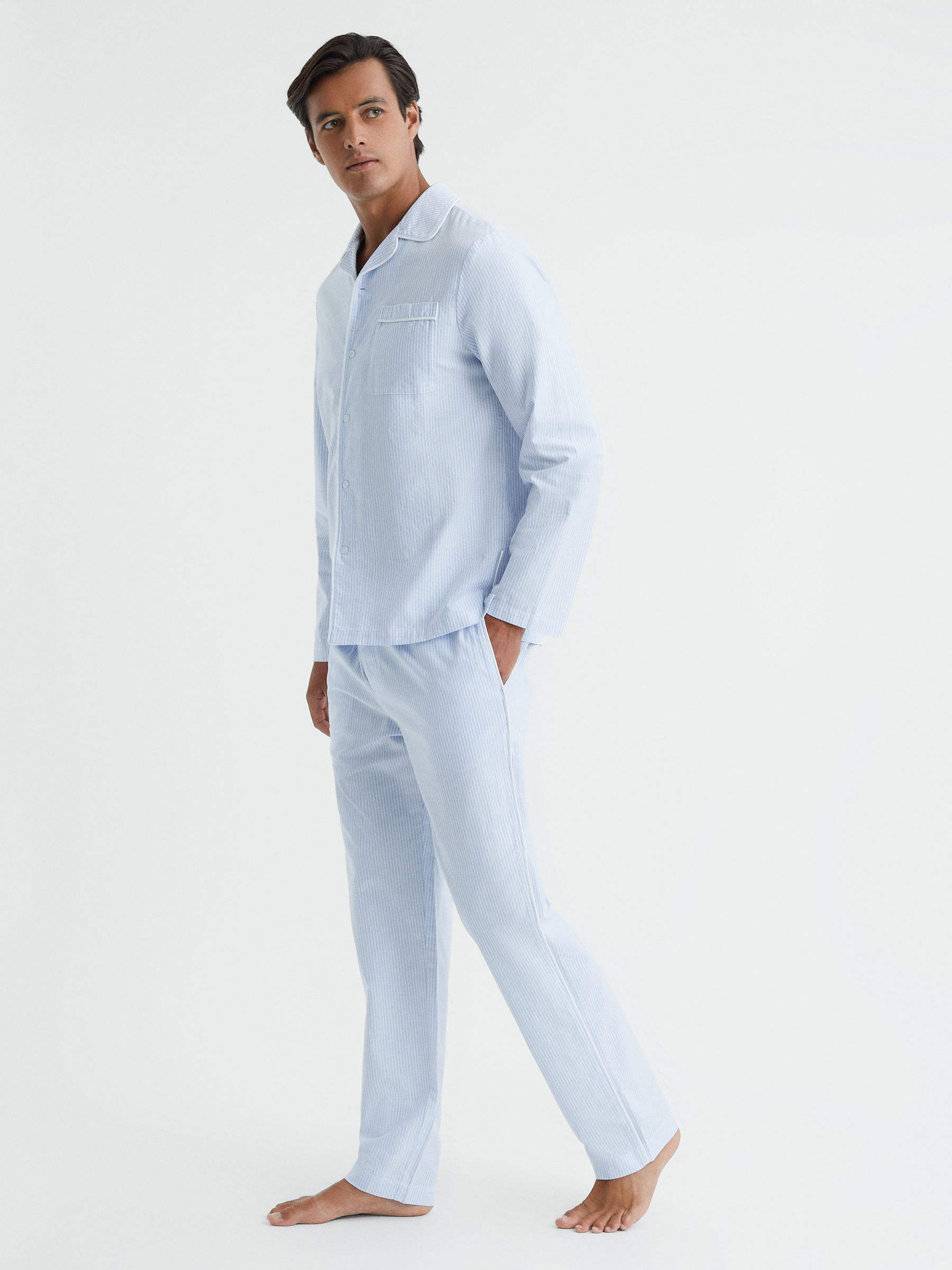 Striped Cotton Button-Through Pyjama Shirt in Blue/White