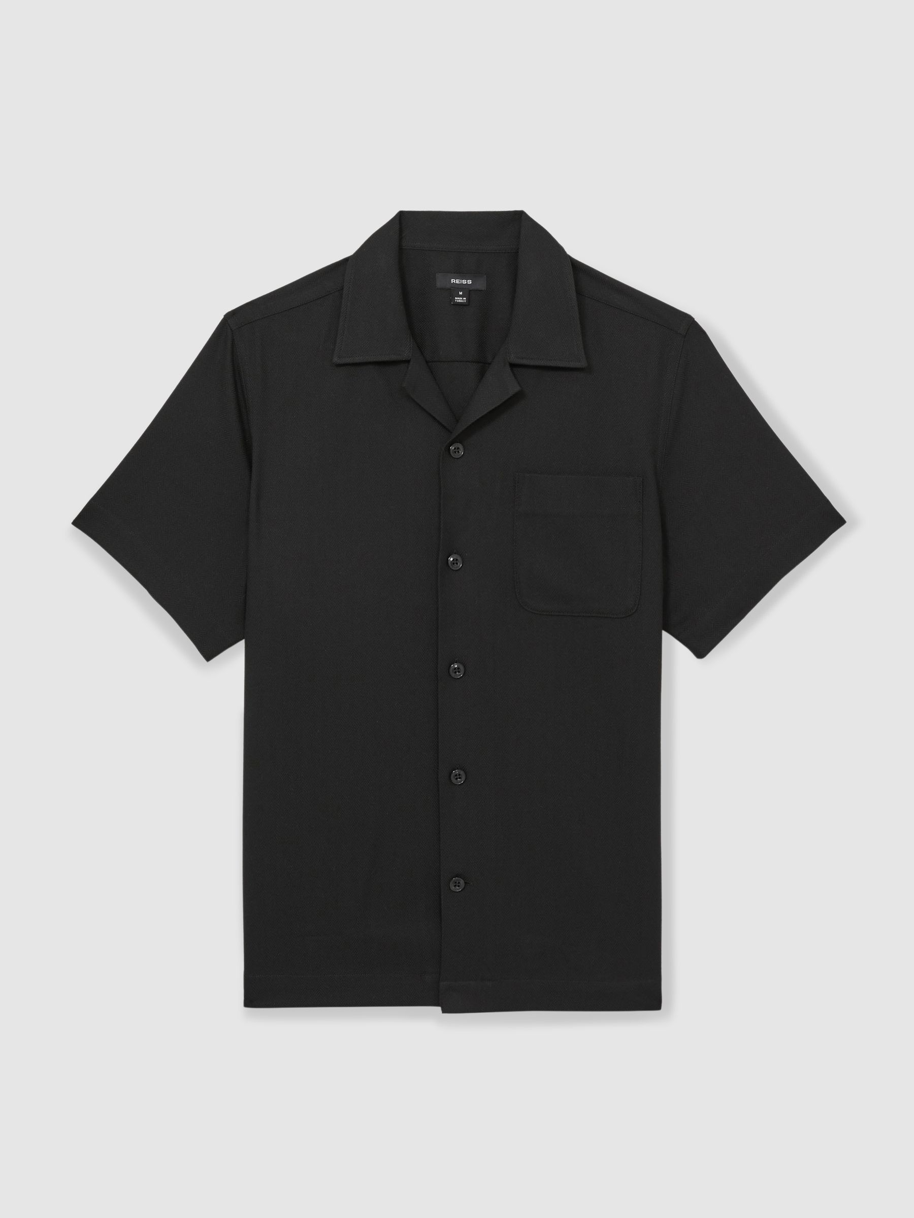 Herringbone Twill Cuban Collar Short Sleeve Shirt in Black