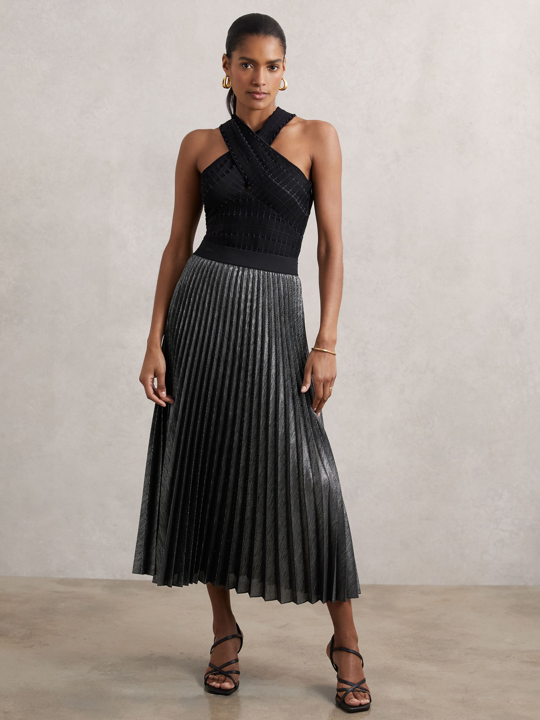 Metallic Pleated Midi Skirt in Charcoal Grey