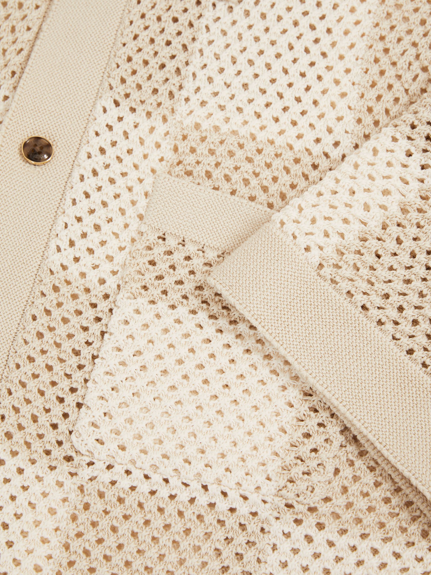Cotton Chequerboard Crochet Shirt in Taupe/Off White