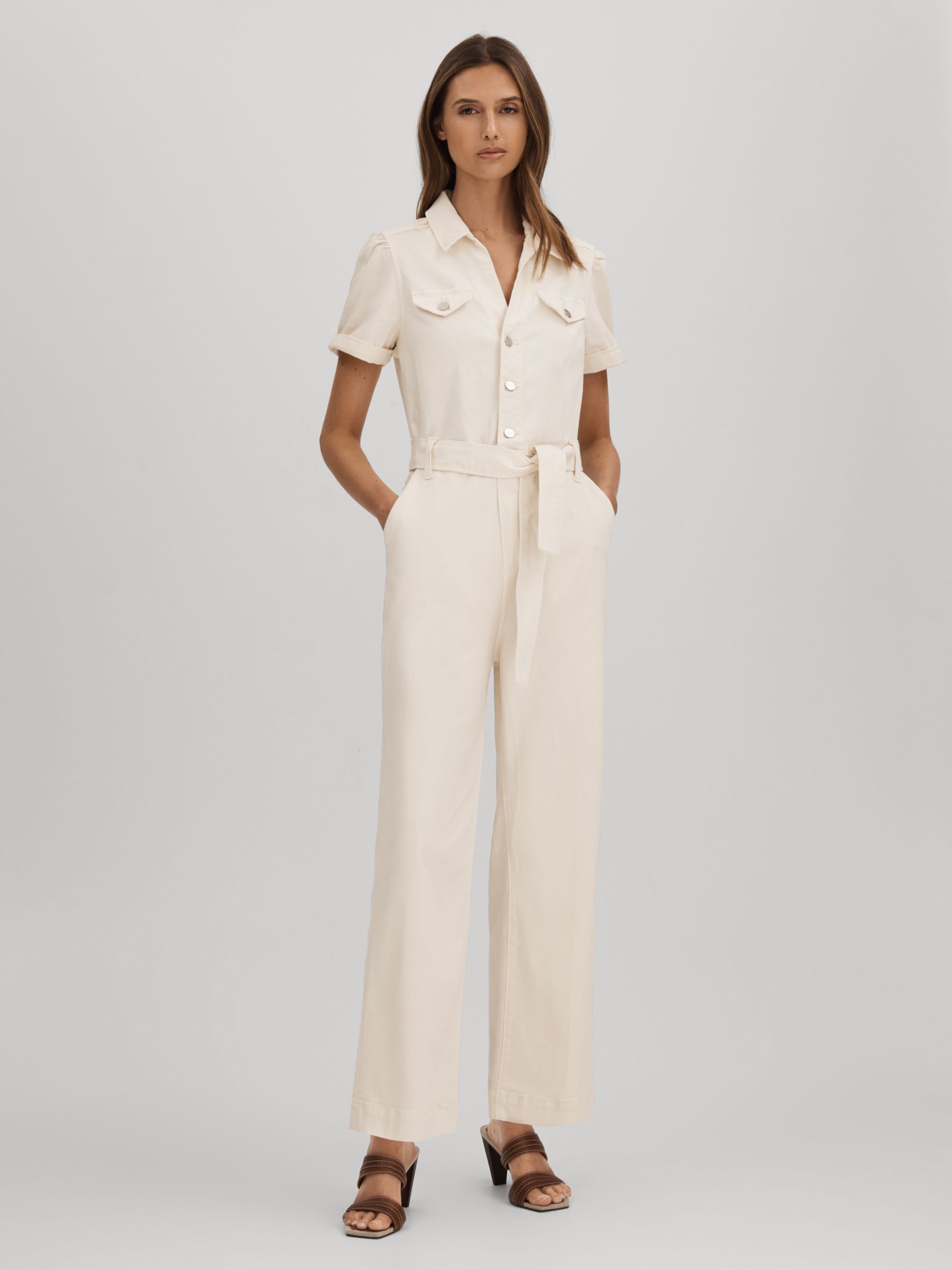Paige Denim Puff Sleeve Jumpsuit in Sand