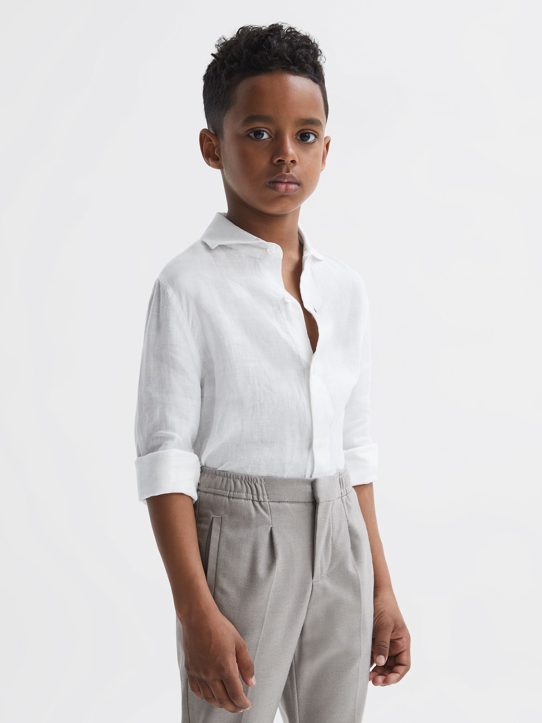 9-13 yrs Linen Cutaway Collar Shirt in White