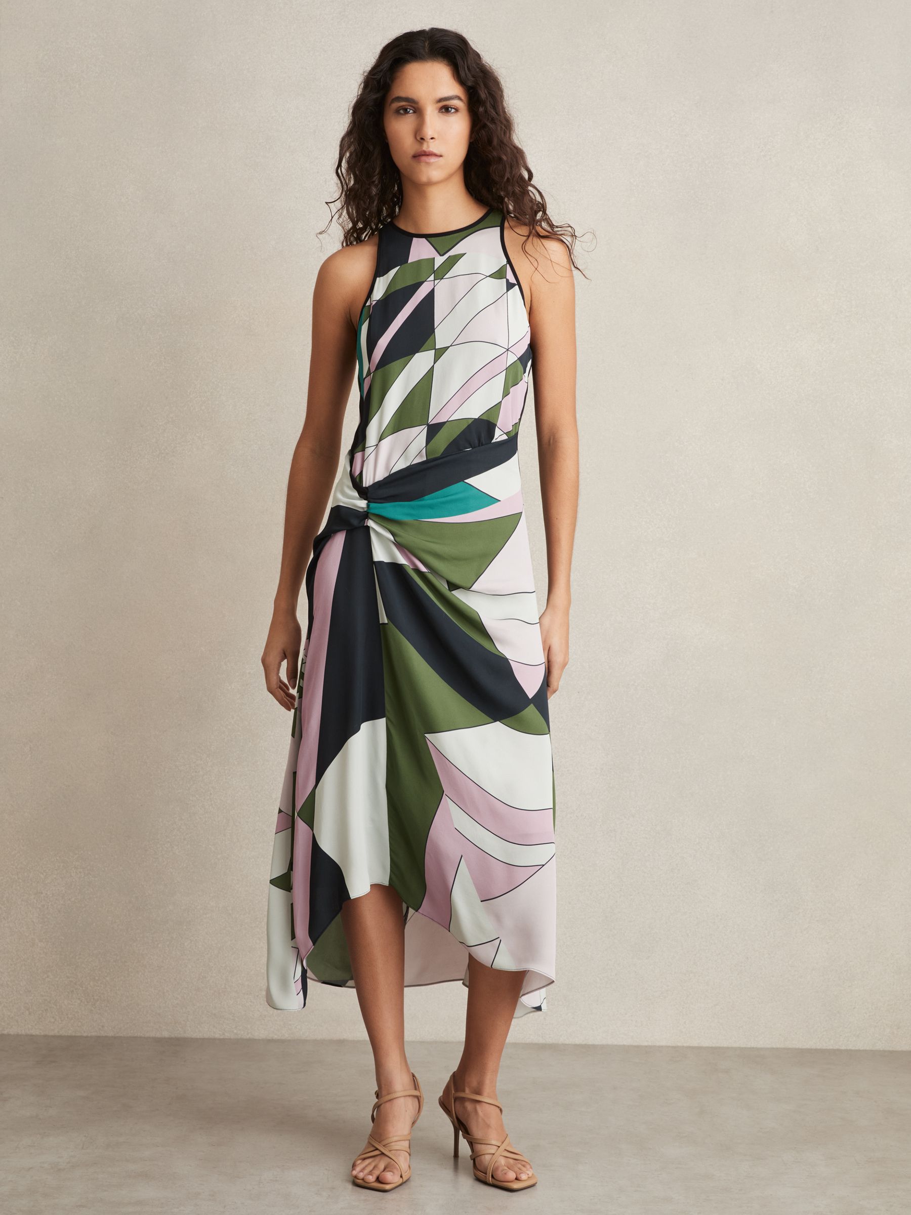 Geometric-Print Gathered Midi Dress in Green