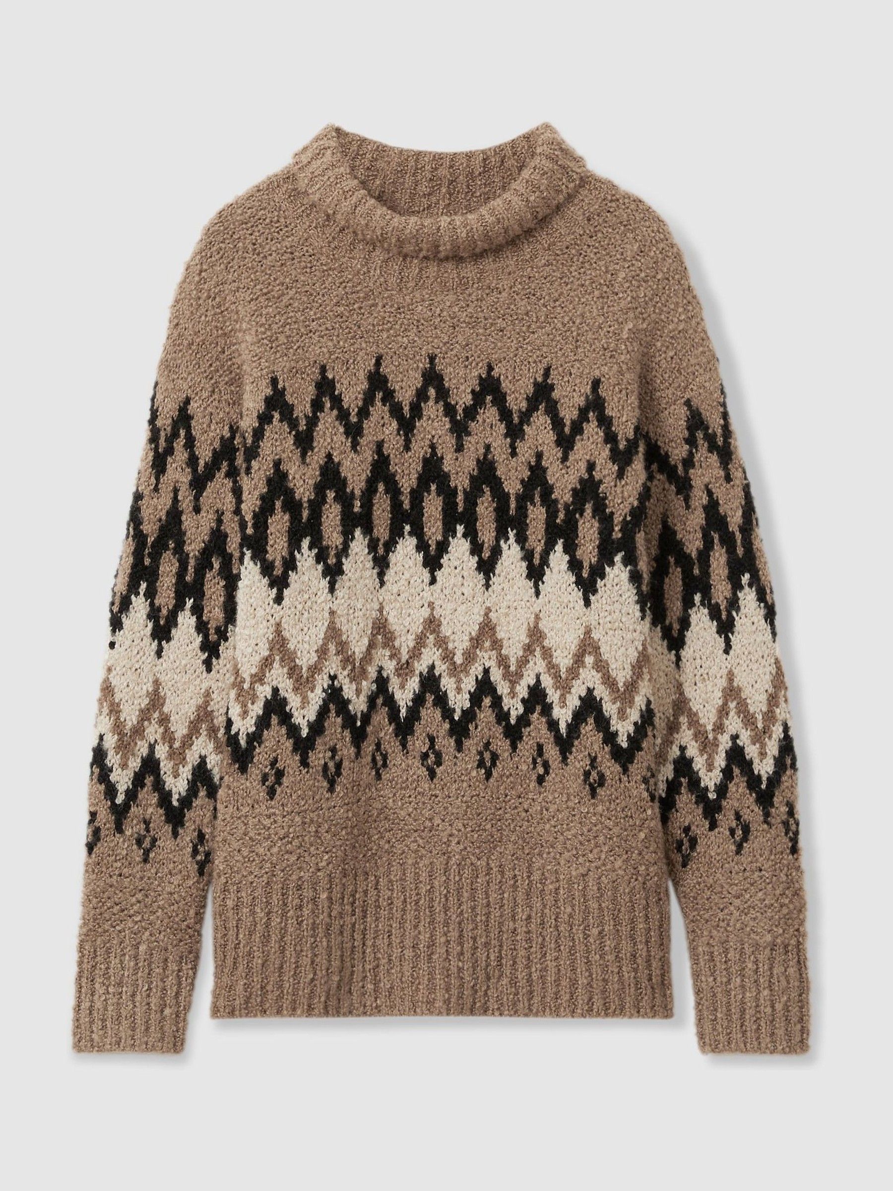 Chunky Fairisle Pattern Knit Funnel Neck Jumper in Brown